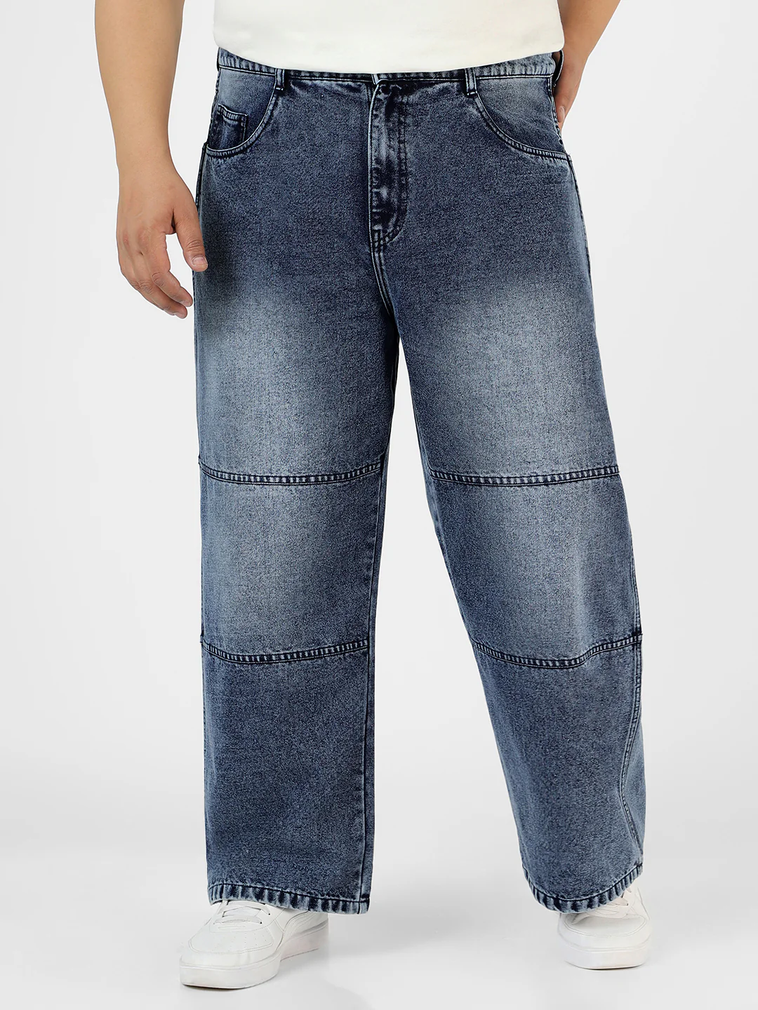 Plus Men's Blue Loose Baggy Fit Cut and Sew Panelled Jeans Non-Stretchable - Image 2