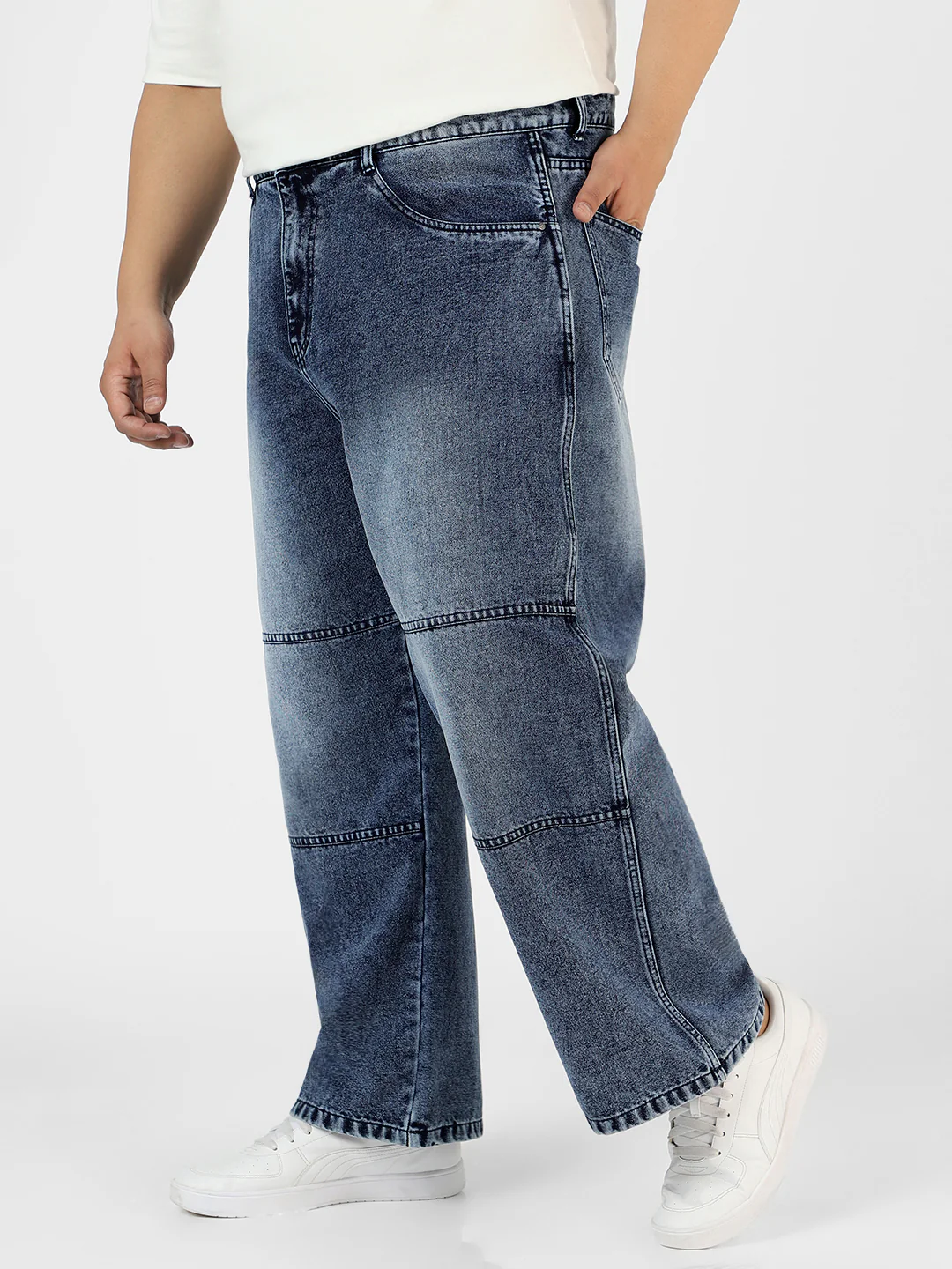 Plus Men's Blue Loose Baggy Fit Cut and Sew Panelled Jeans Non-Stretchable - Image 3