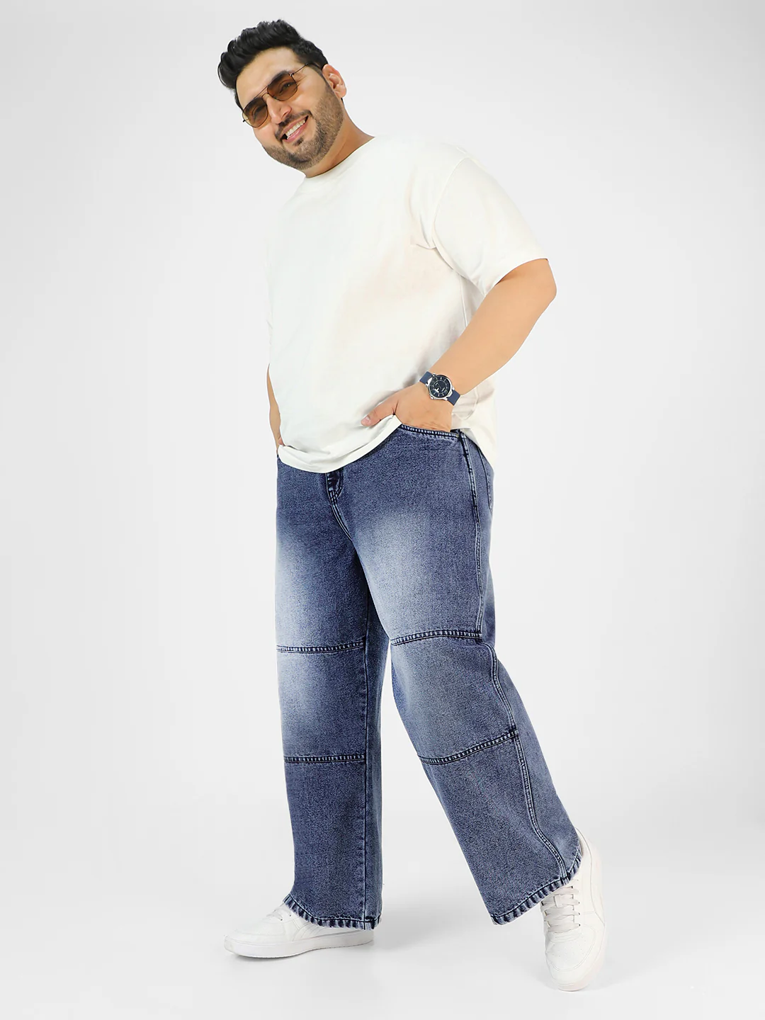 Plus Men's Blue Loose Baggy Fit Cut and Sew Panelled Jeans Non-Stretchable - Image 5