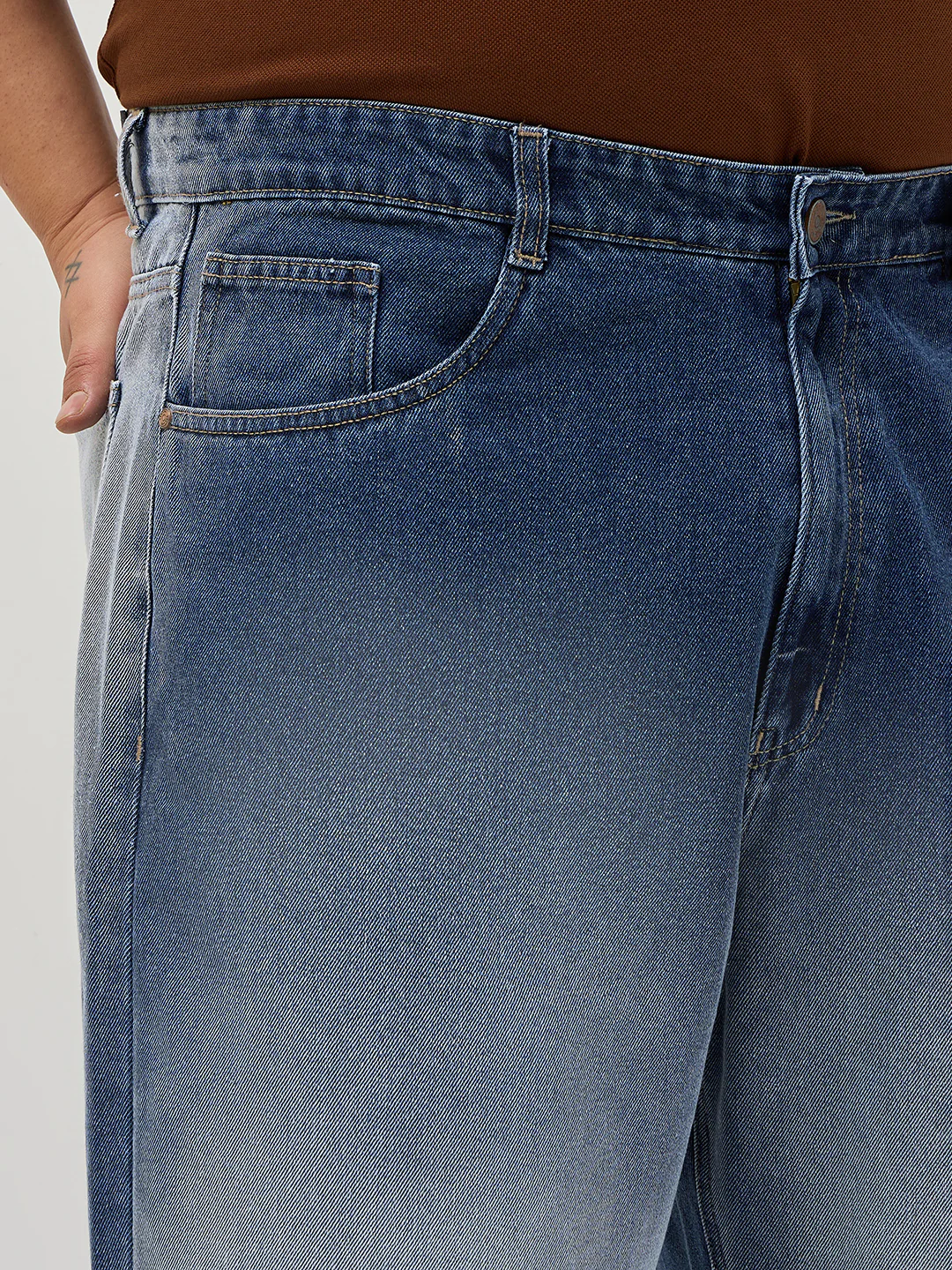 Plus Men's Blue Loose Baggy Fit Heavy Washed Faded Denim Jeans Non-Stretchable - Image 5