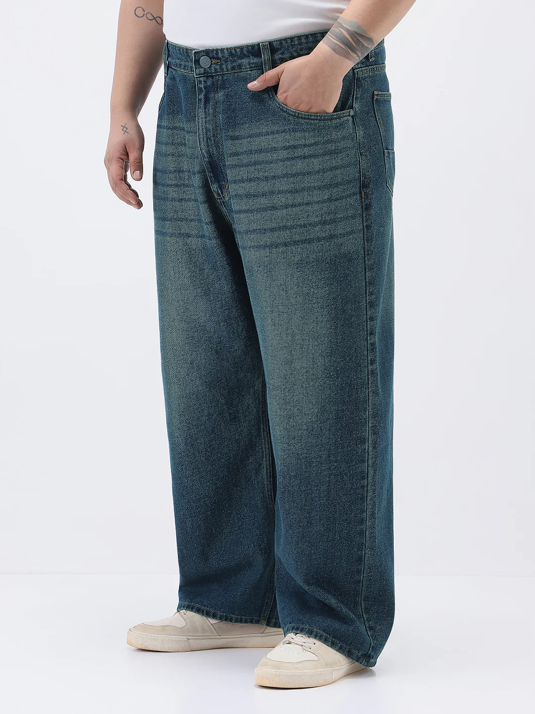 Plus Men's Blue Loose Baggy Fit Heavy Washed Jeans Non-Stretchable - Image 2