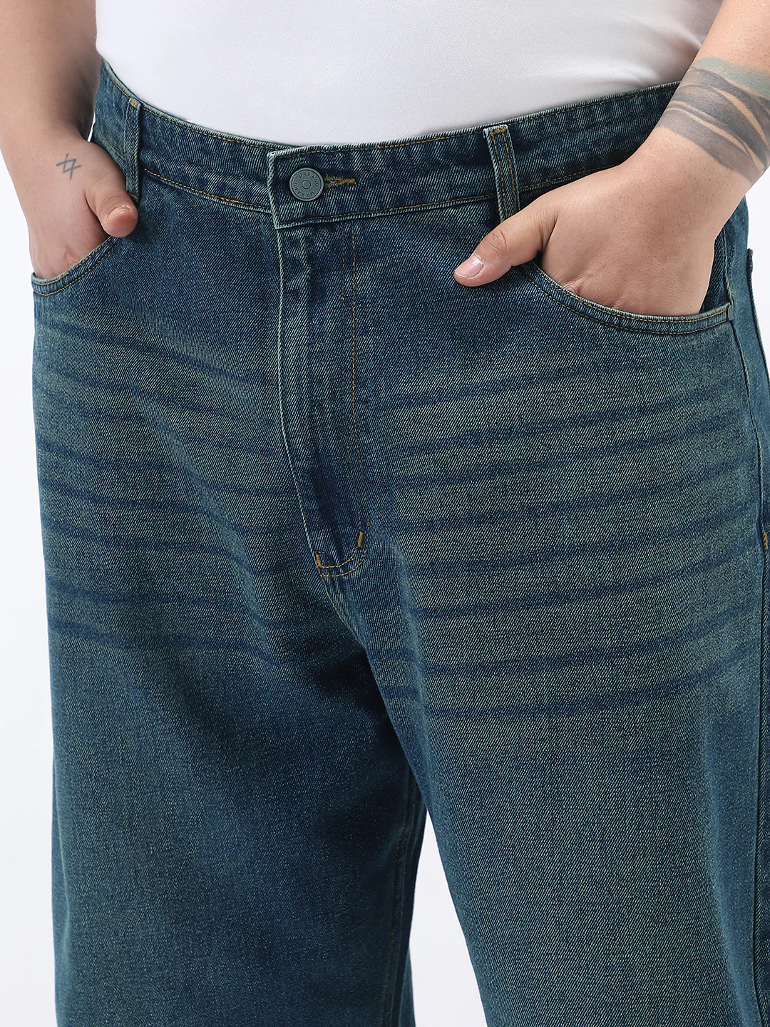 Plus Men's Blue Loose Baggy Fit Heavy Washed Jeans Non-Stretchable - Image 5