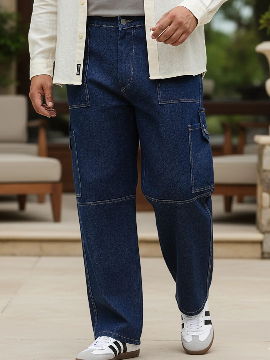 Plus Men's Blue Loose Baggy Fit Washed Cargo Jeans with 6 Pockets Non-Stretchable