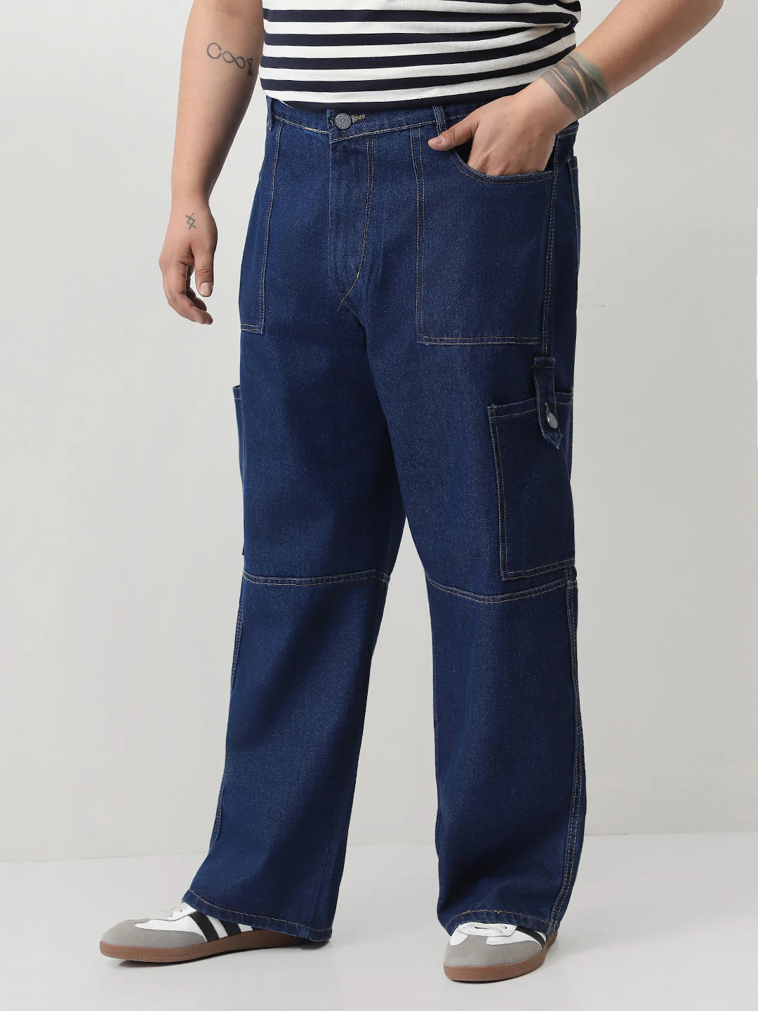 Plus Men's Blue Loose Baggy Fit Washed Cargo Jeans with 6 Pockets Non-Stretchable - Image 2