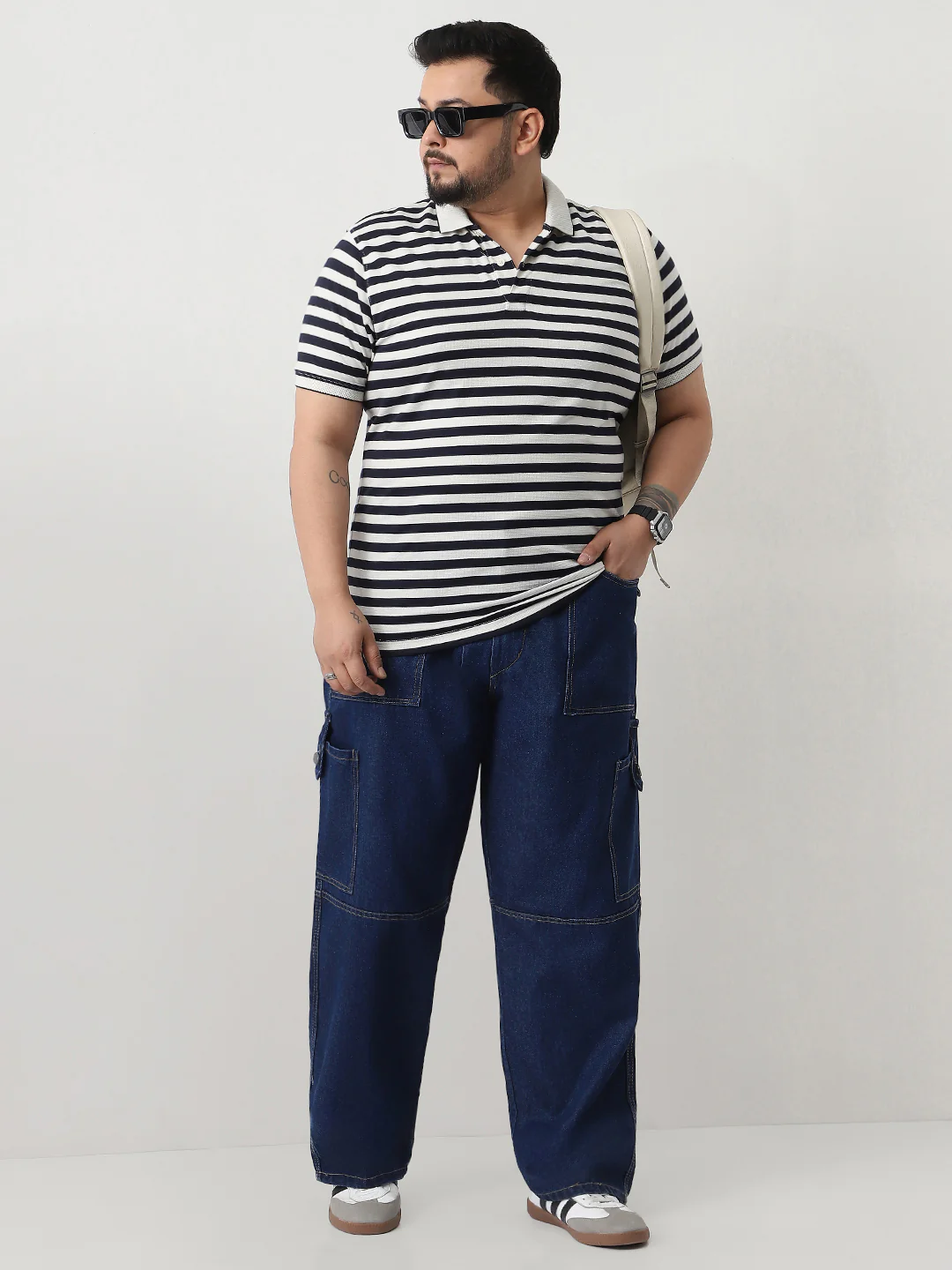 Plus Men's Blue Loose Baggy Fit Washed Cargo Jeans with 6 Pockets Non-Stretchable - Image 4