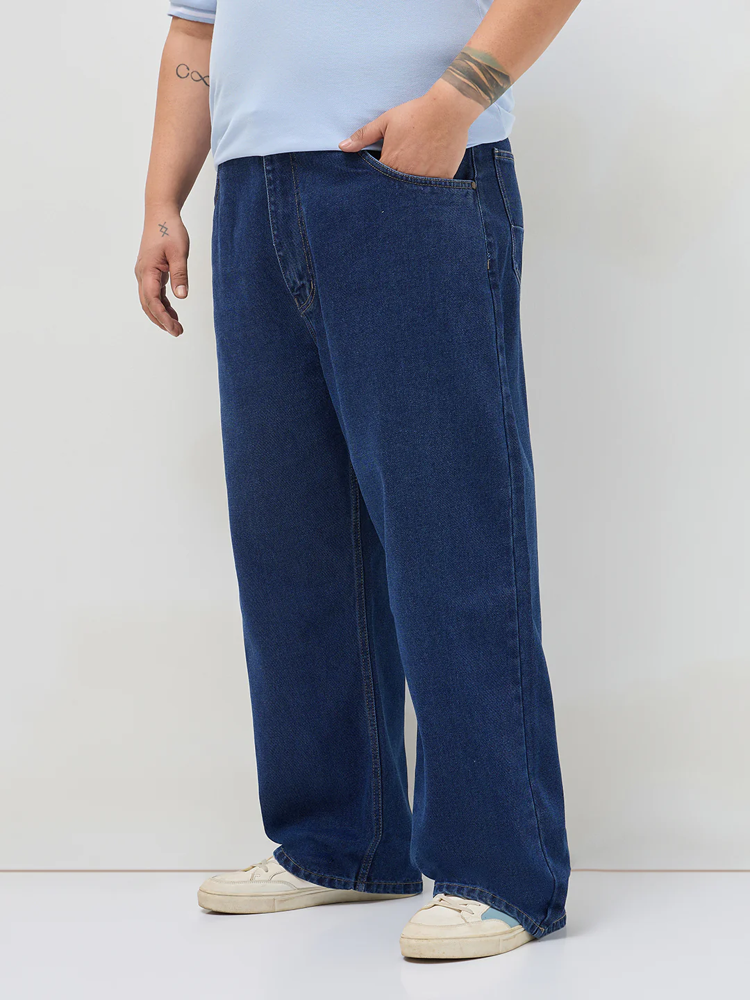 Plus Men's Blue Loose Baggy Fit Raw Washed Denim Jeans Non-Stretchable - Image 2