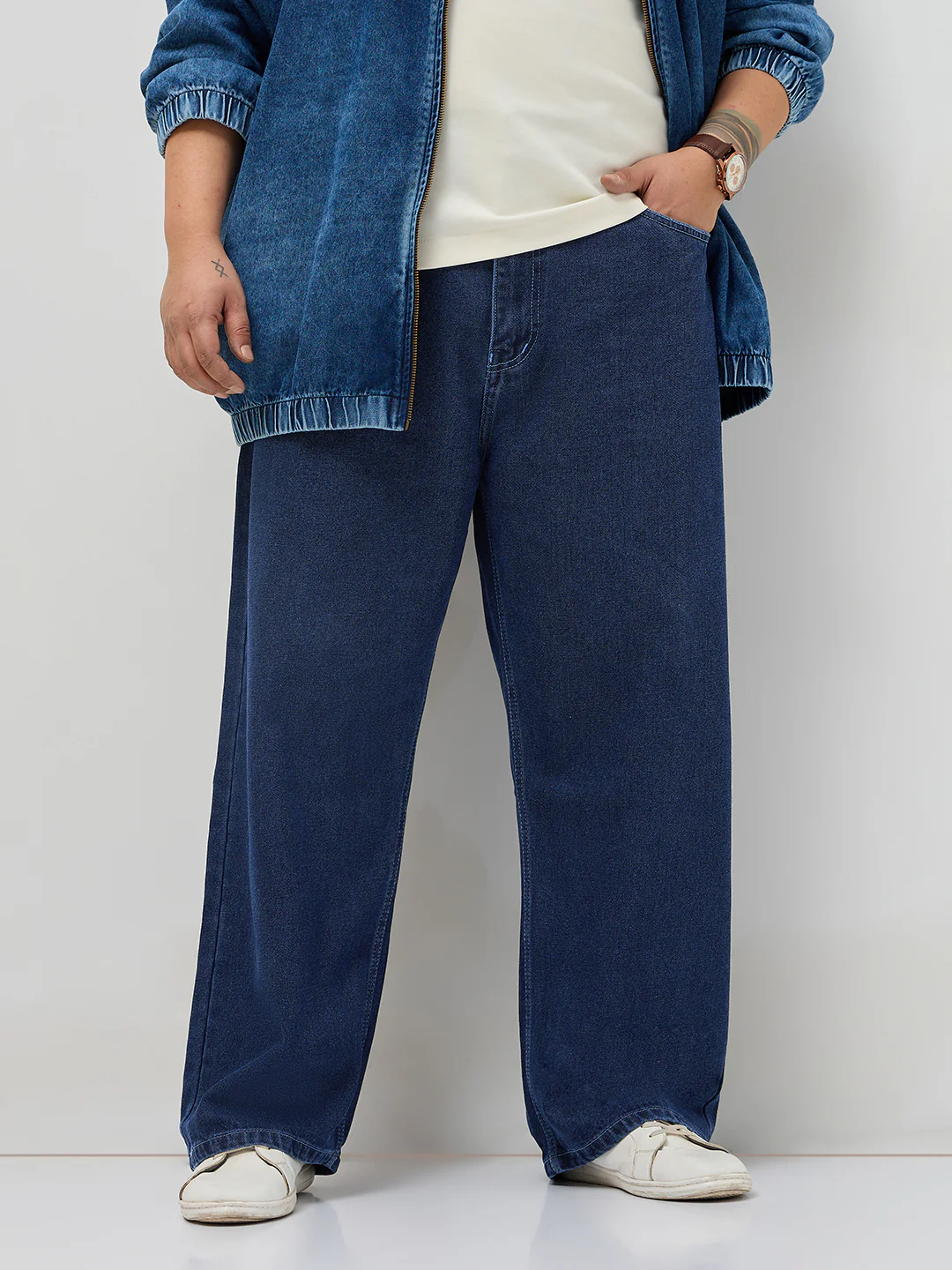 Plus Men's Blue Loose Baggy Fit Raw Washed Denim Jeans Non-Stretchable
