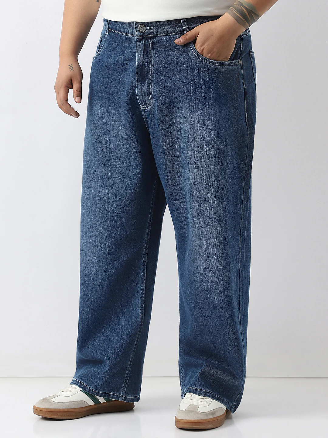 Plus Men's Blue Loose Baggy Fit Washed Jeans Non-Stretchable - Image 2