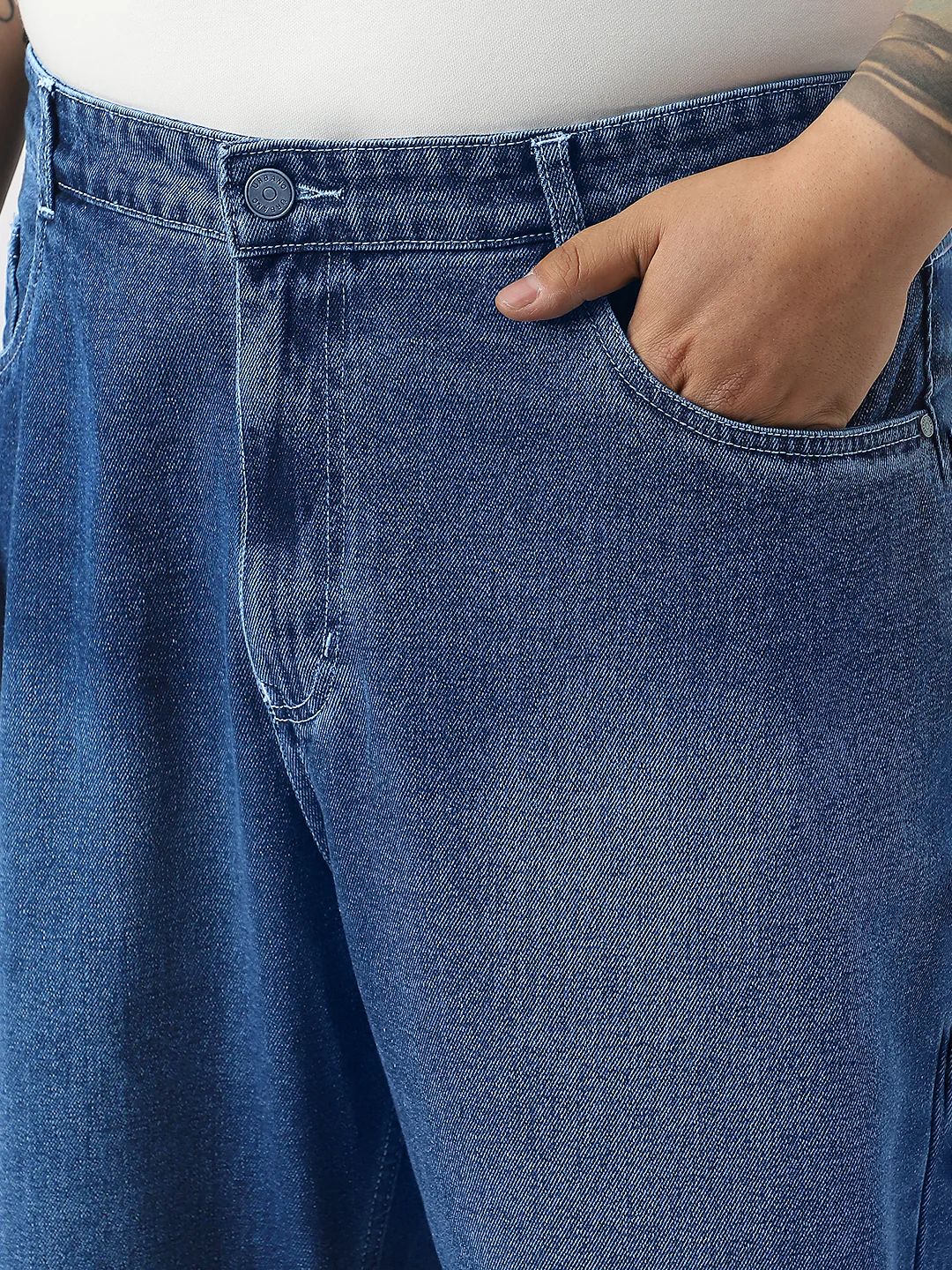 Plus Men's Blue Loose Baggy Fit Washed Jeans Non-Stretchable - Image 5
