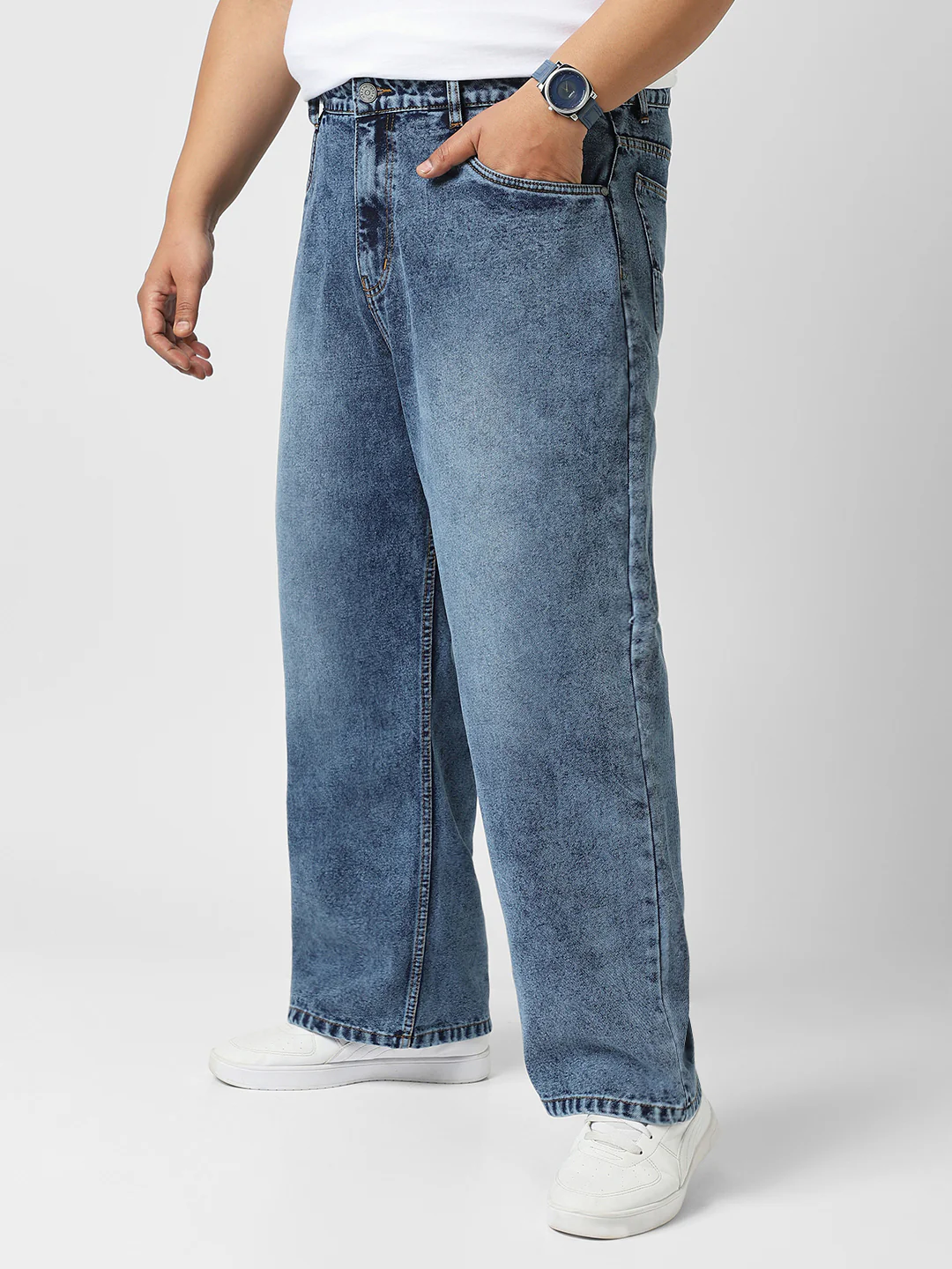 Plus Men's Blue Loose Baggy Fit Washed Jeans Non-Stretchable - Image 2