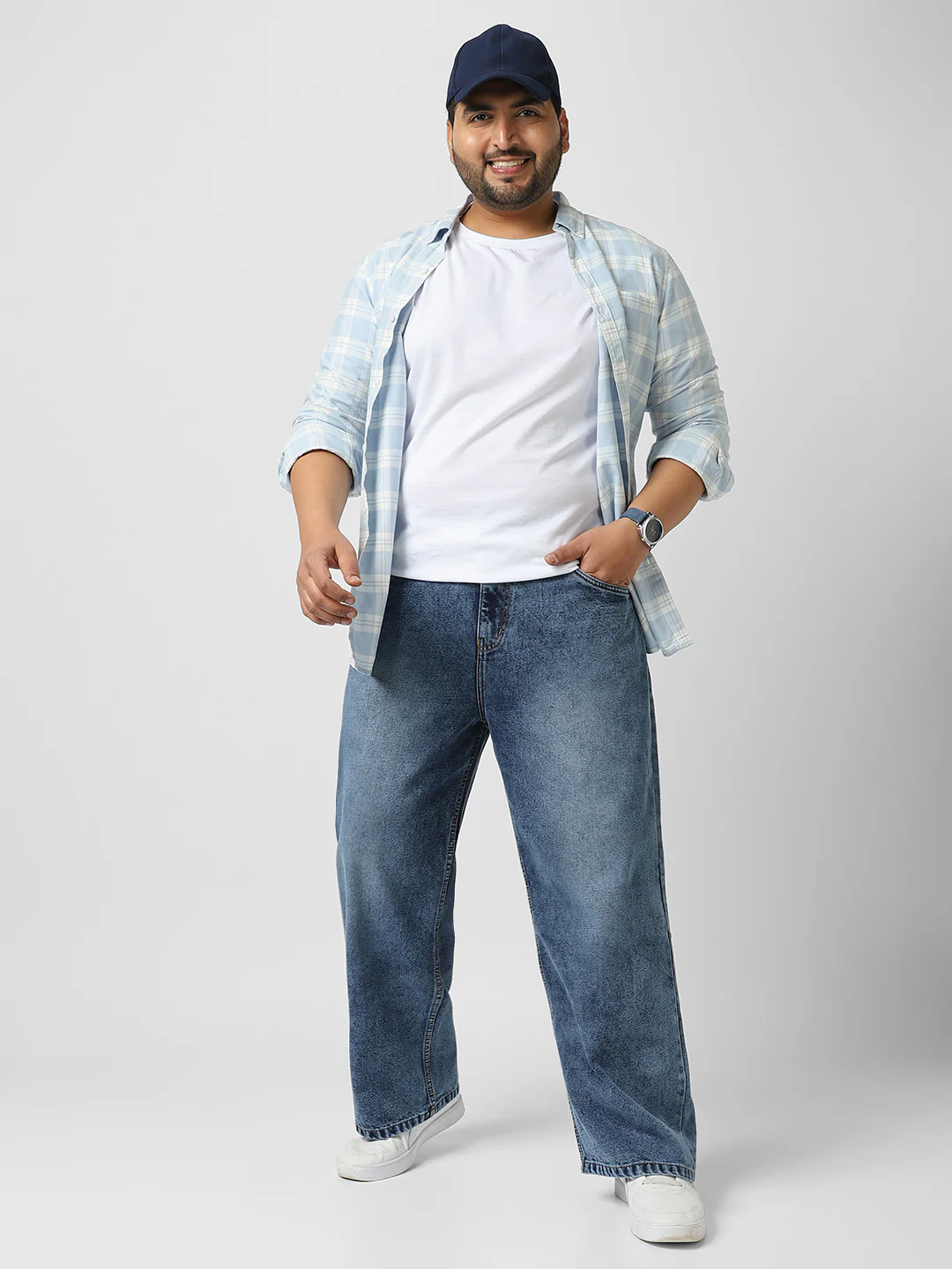 Plus Men's Blue Loose Baggy Fit Washed Jeans Non-Stretchable - Image 4