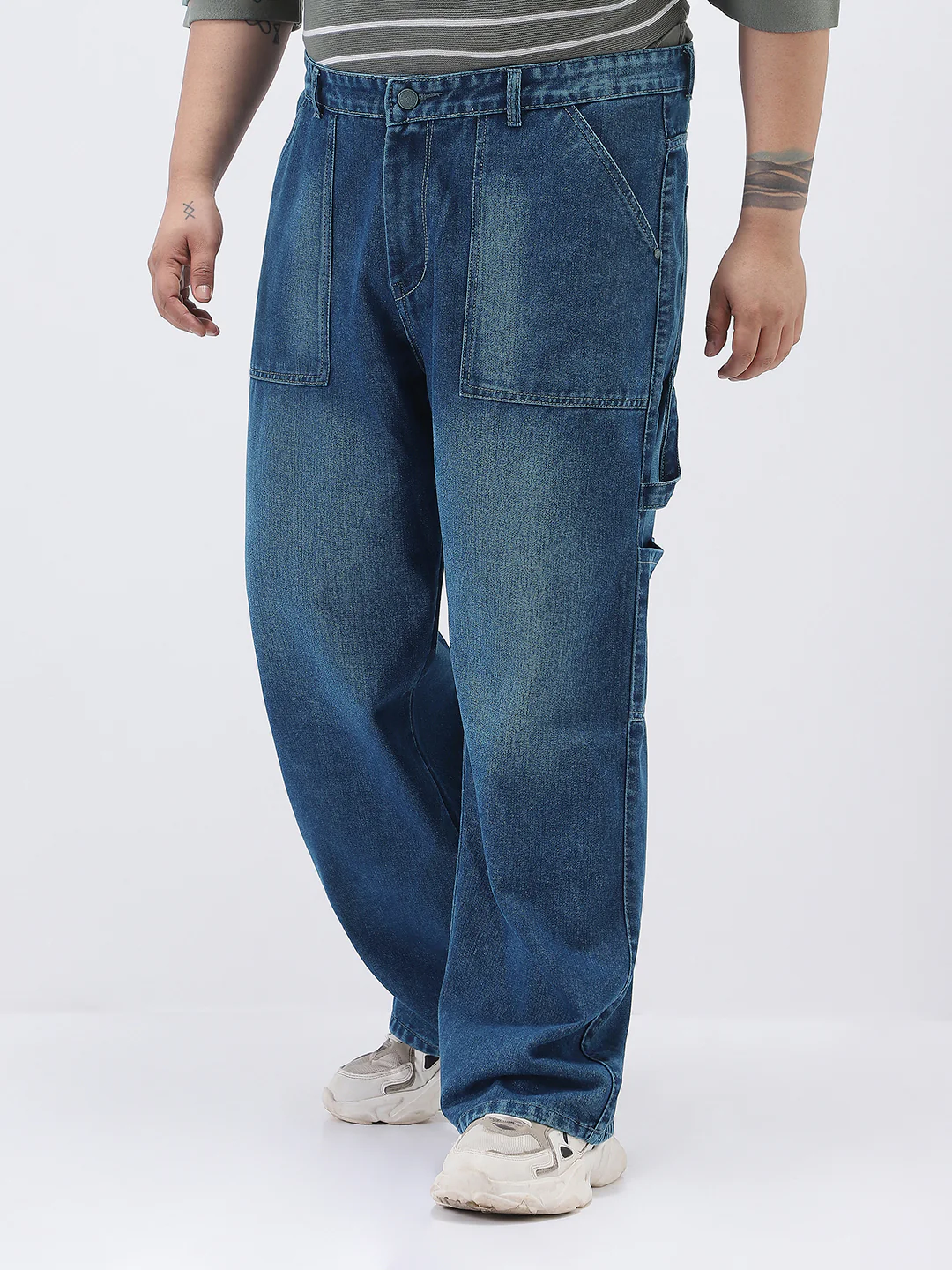 Plus Men's Blue Loose Fit Cargo Carpenter Jeans With 6 Pockets Non-Stretchable - Image 2