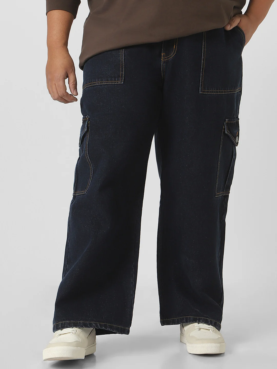 Plus Men's Blue Loose Fit Cargo Jeans with 6 Pockets Non-Stretchable - Image 2