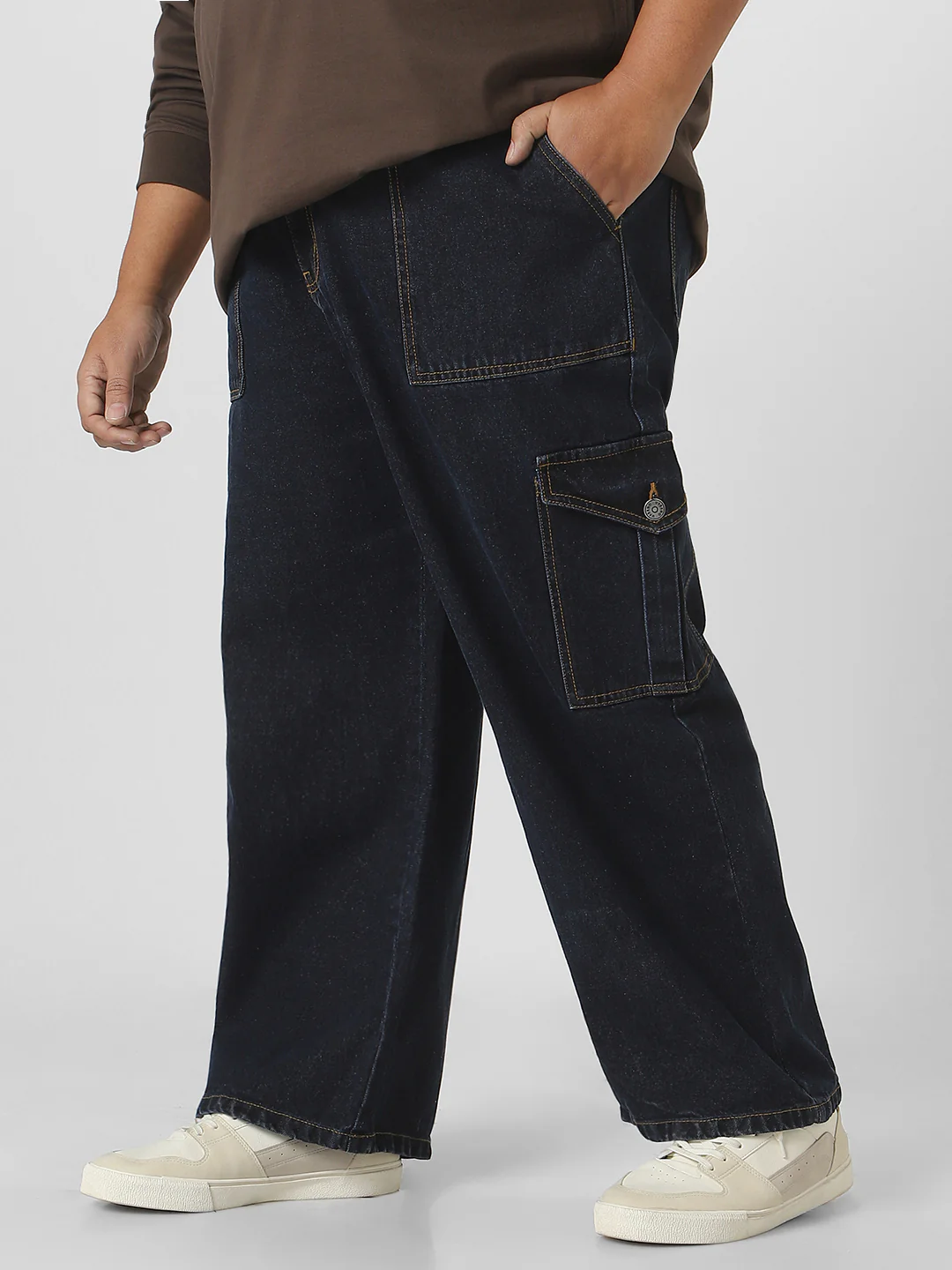 Plus Men's Blue Loose Fit Cargo Jeans with 6 Pockets Non-Stretchable - Image 3