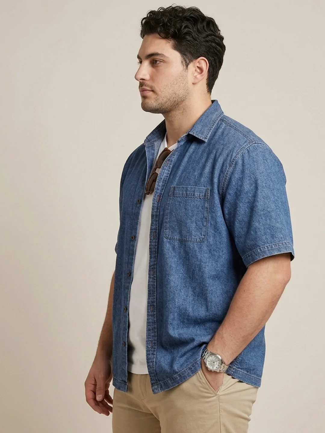 Plus Men's Blue Oversized Fit Half Sleeve Solid Casual Denim Shirt - Image 2
