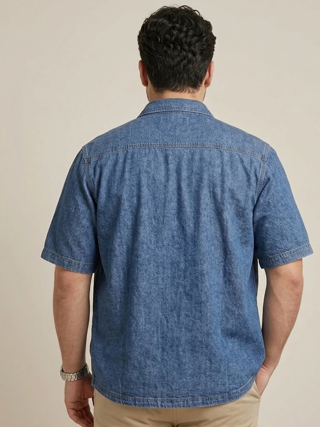 Plus Men's Blue Oversized Fit Half Sleeve Solid Casual Denim Shirt - Image 3