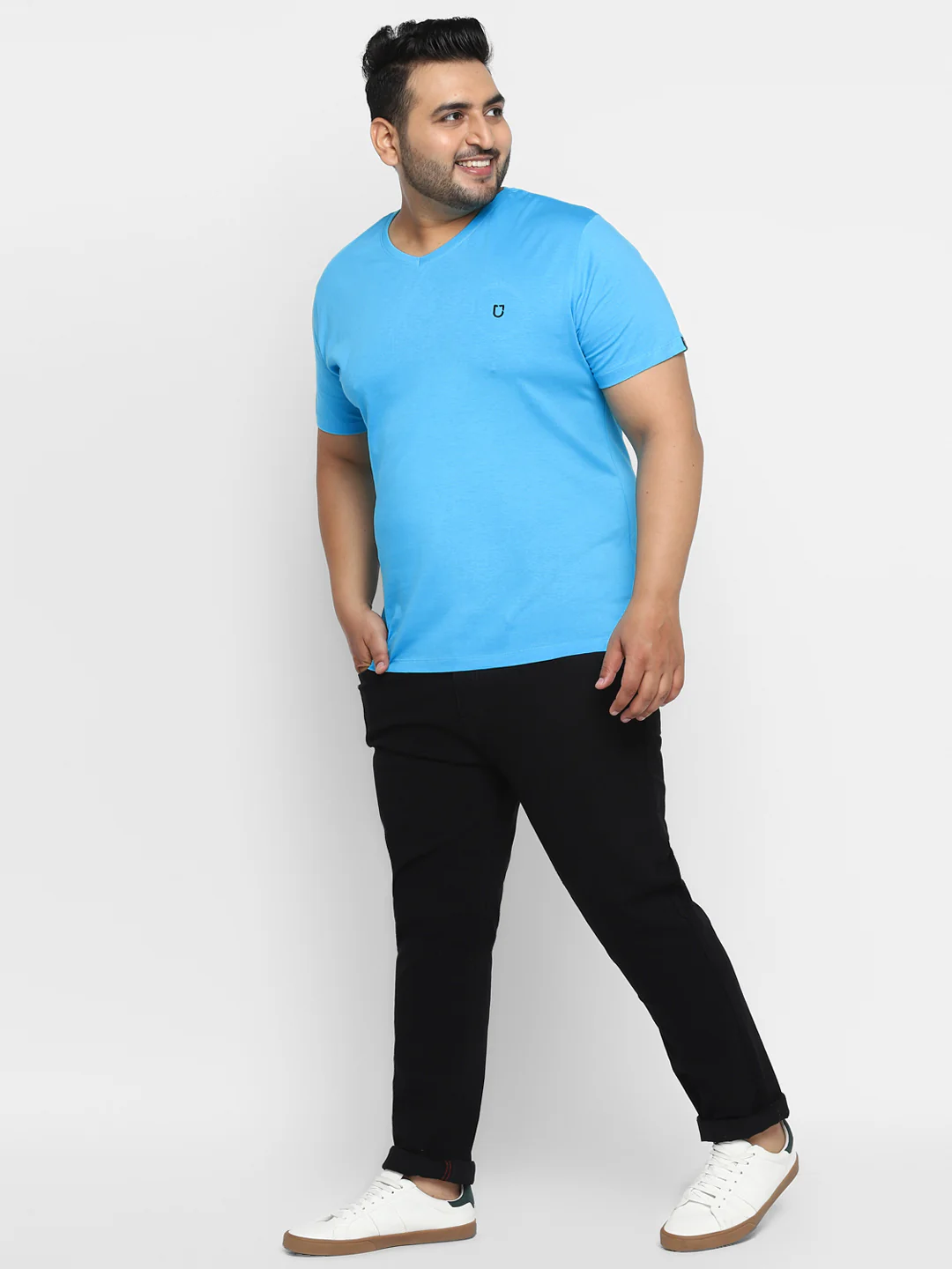 Plus Men's Blue Printed Full Sleeve Regular Fit Cotton T-Shirt - Image 4