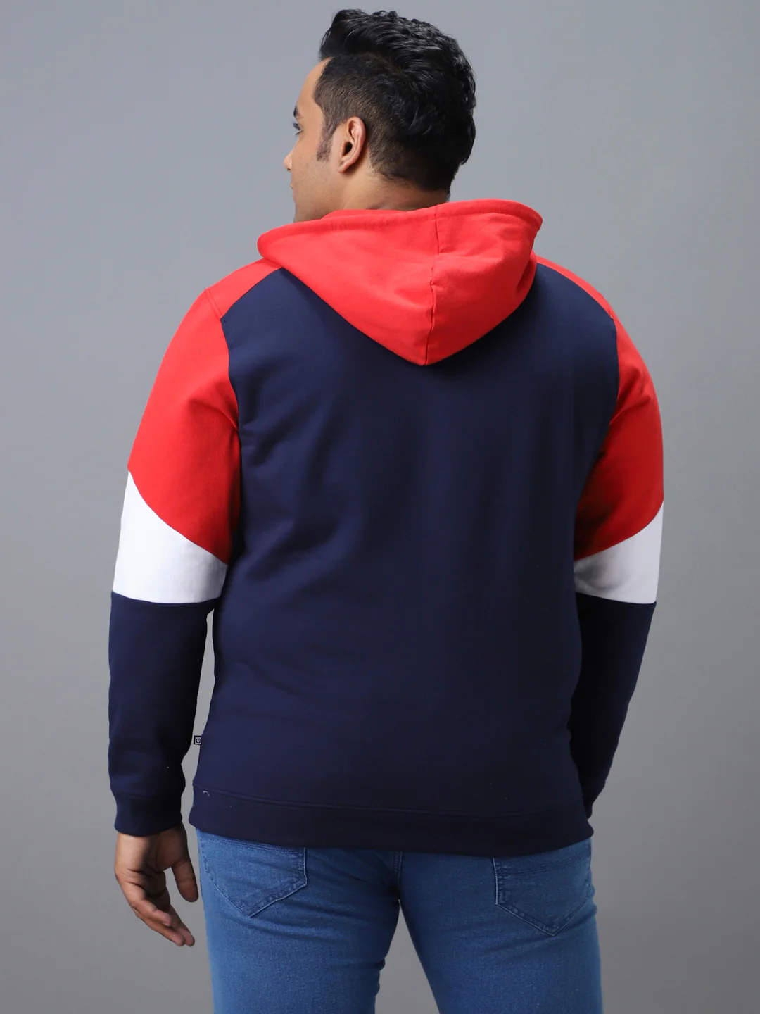 Plus Men's Blue, Red Cotton Colour Block Hooded Neck Sweatshirt - Image 3