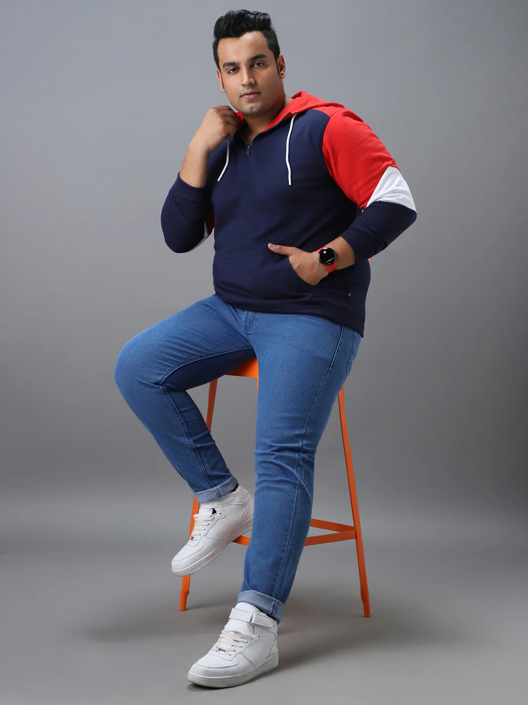 Plus Men's Blue, Red Cotton Colour Block Hooded Neck Sweatshirt - Image 4