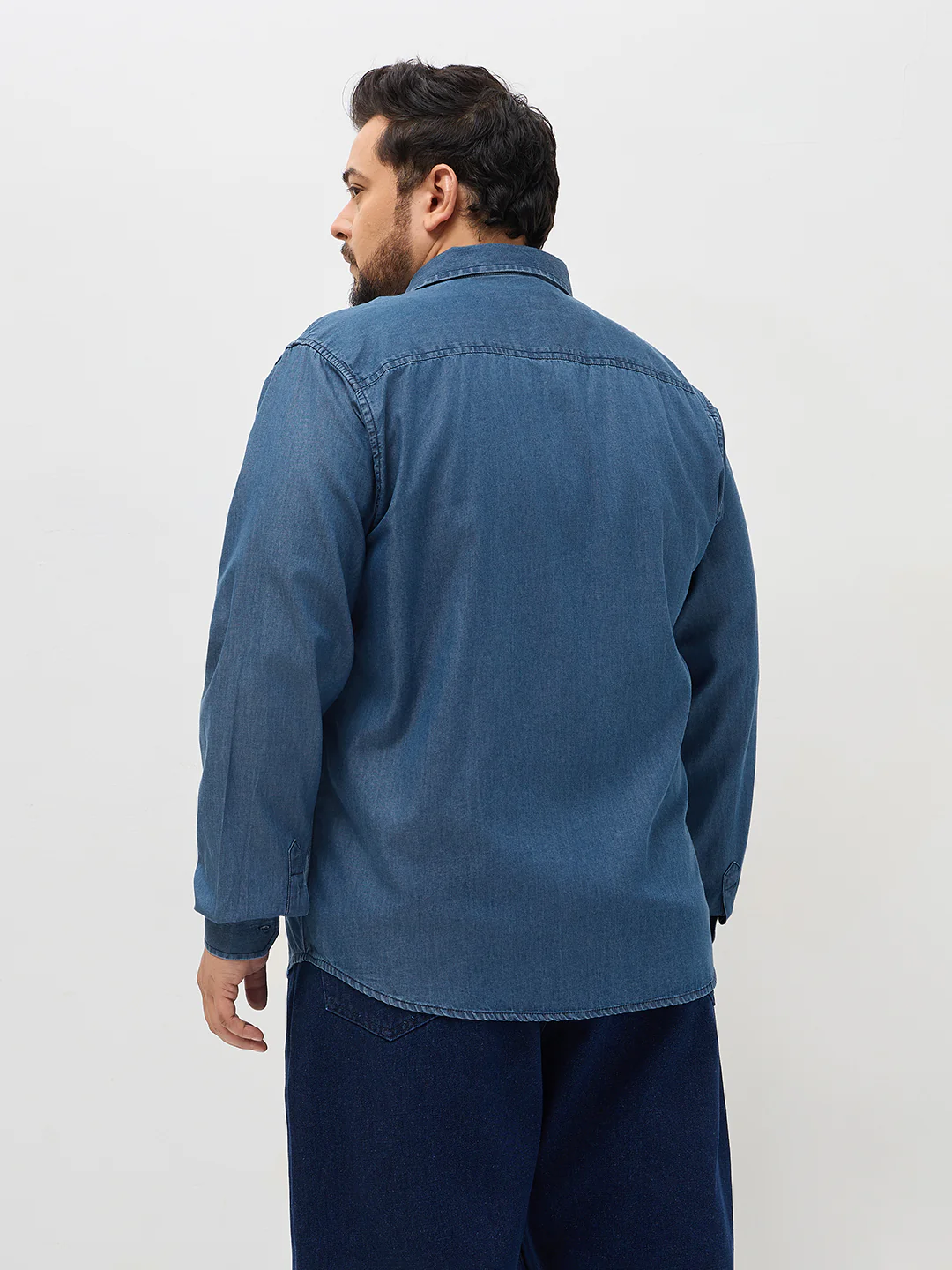 Plus Men's Blue Regular Fit Full Sleeve Solid Denim Shirt - Image 3
