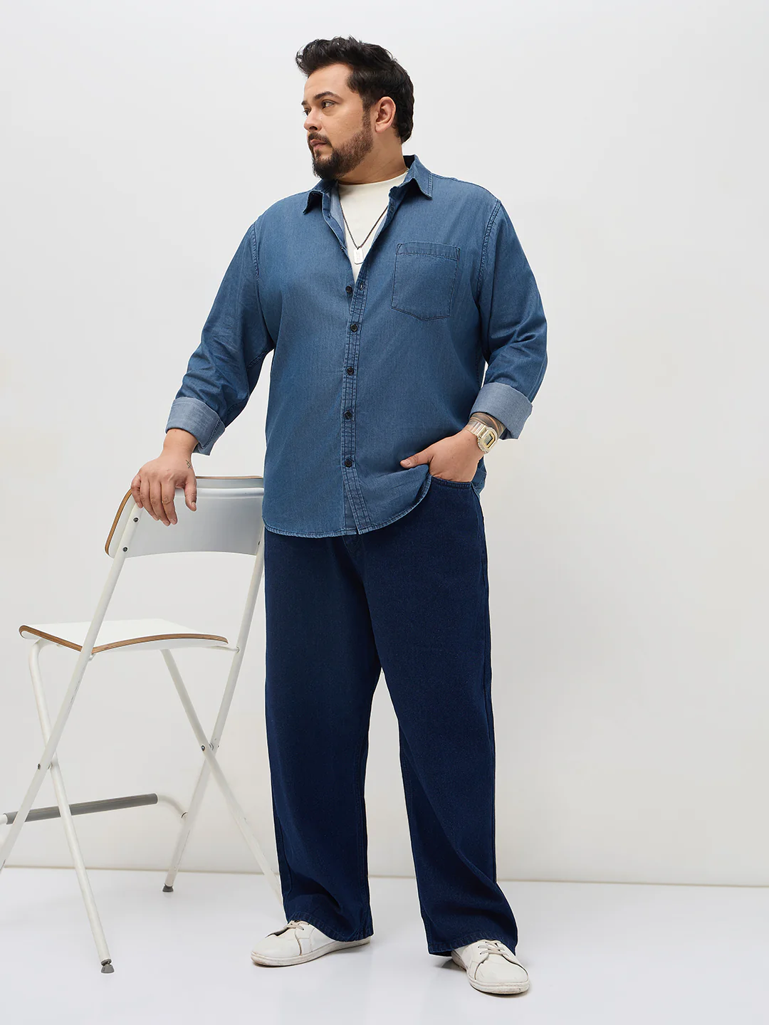 Plus Men's Blue Regular Fit Full Sleeve Solid Denim Shirt - Image 4