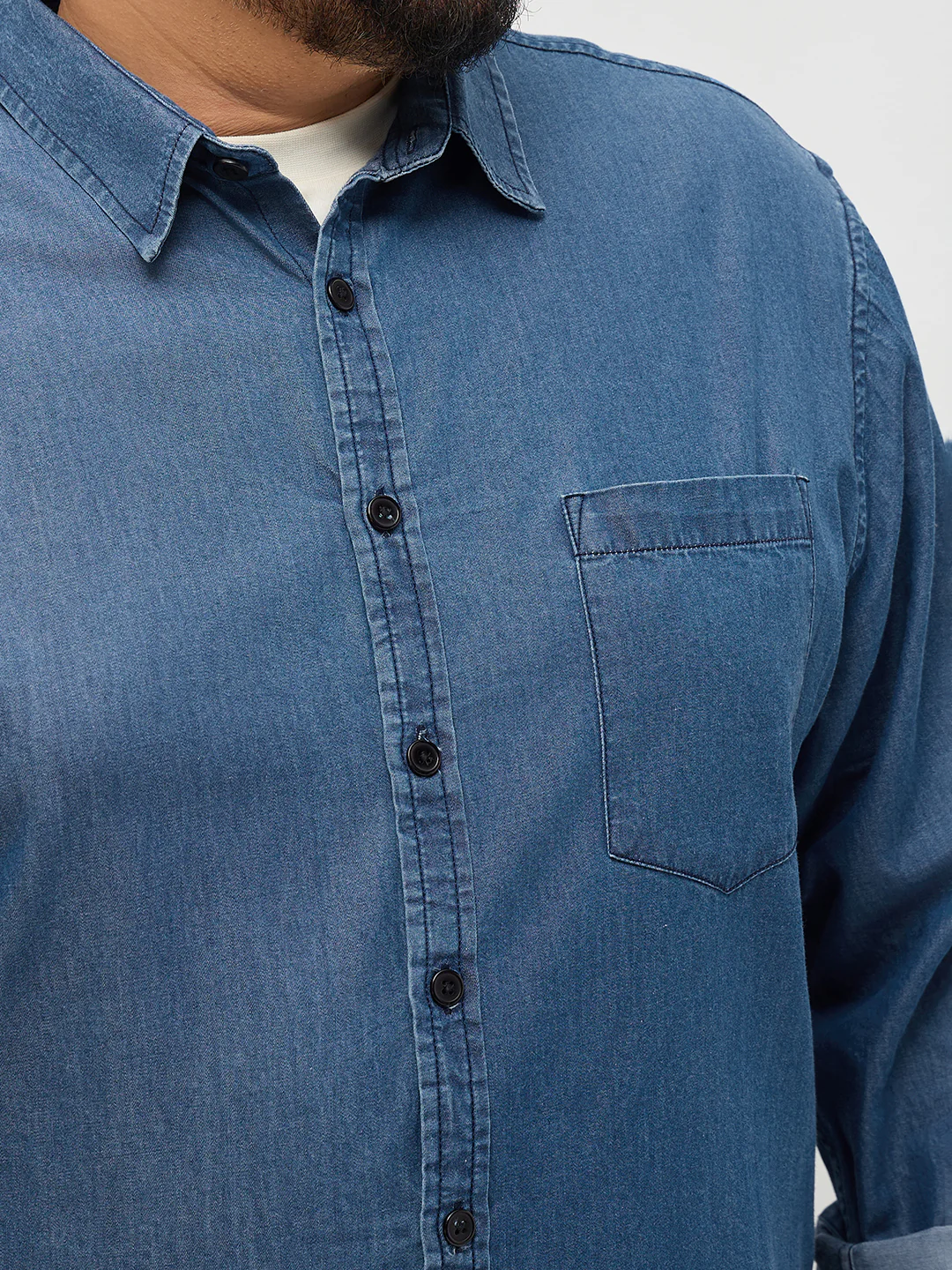 Plus Men's Blue Regular Fit Full Sleeve Solid Denim Shirt - Image 5