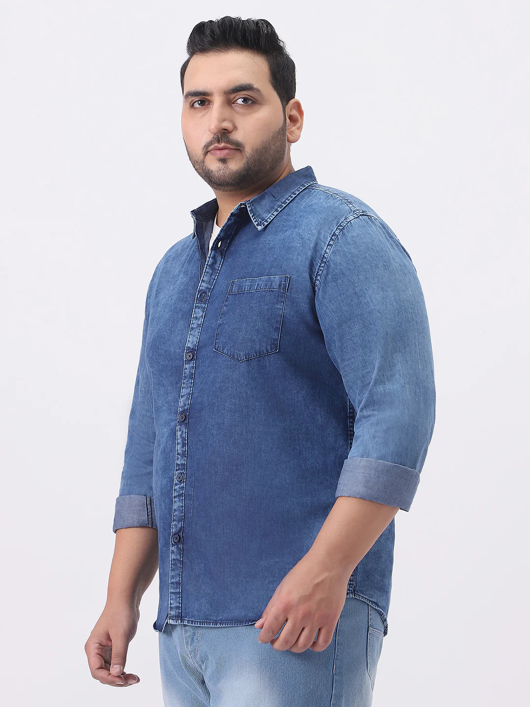 Plus Men's Blue Regular Fit Full Sleeve Washed Denim Shirt - Image 2