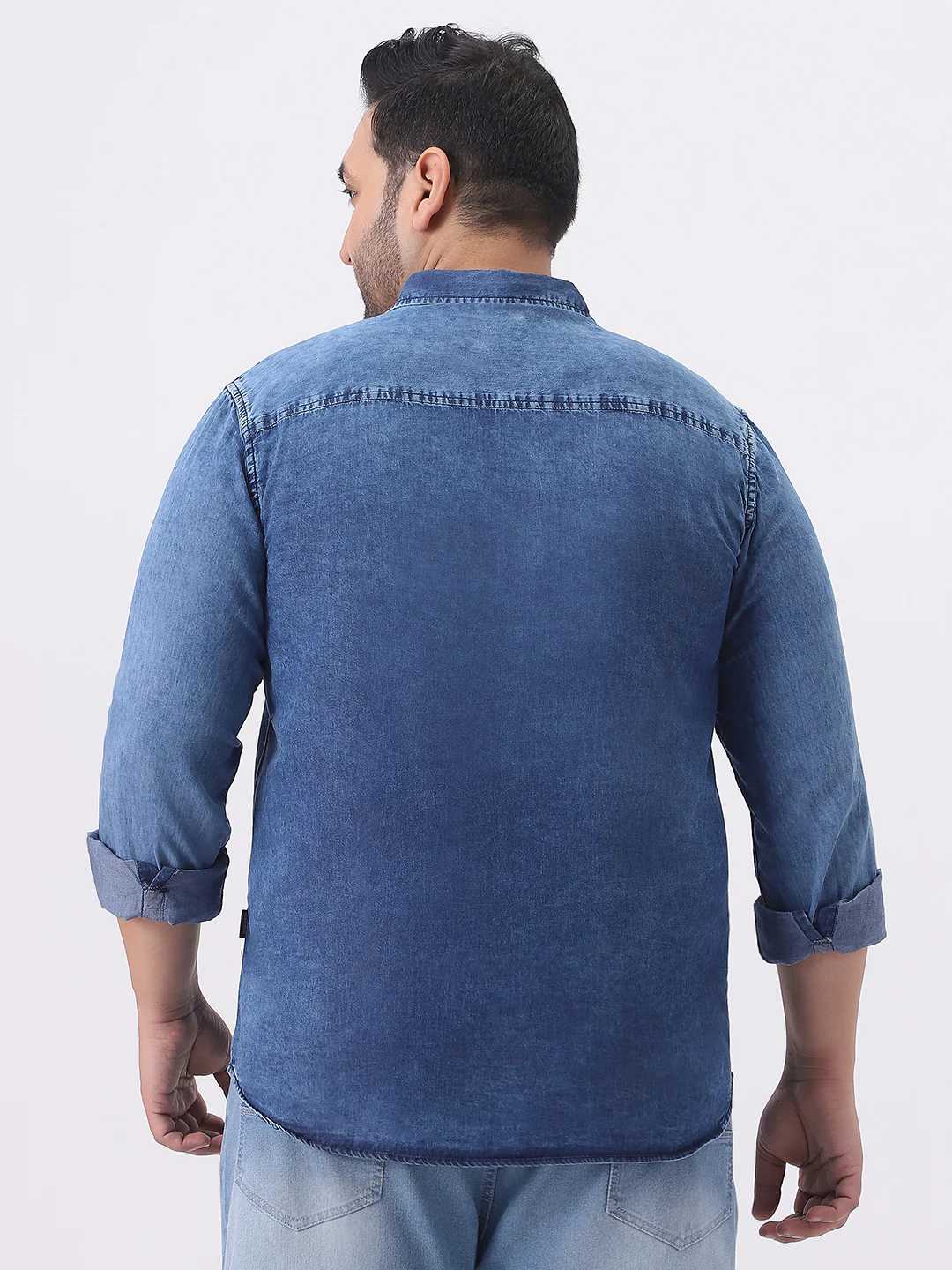 Plus Men's Blue Regular Fit Full Sleeve Washed Denim Shirt - Image 3
