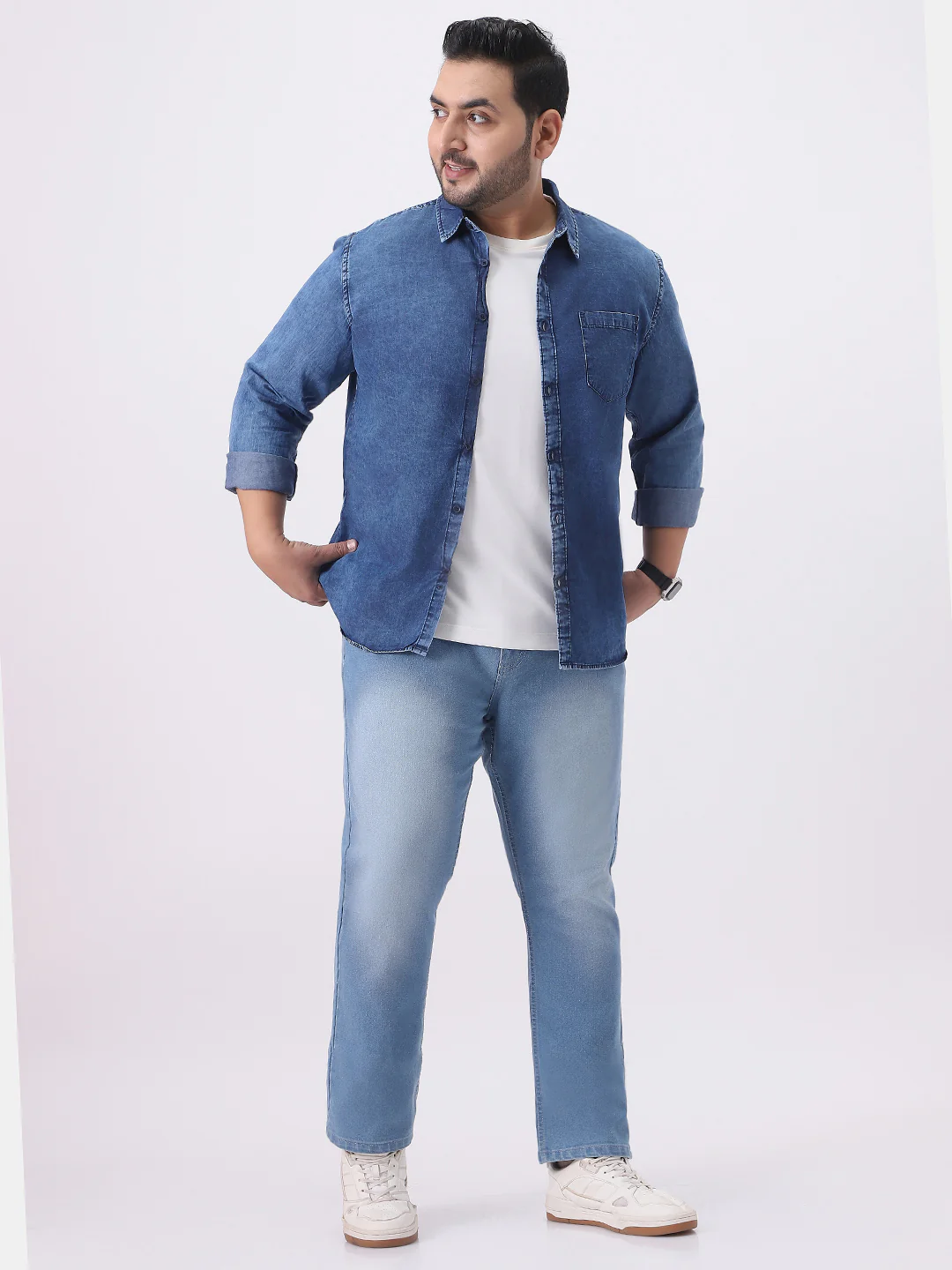 Plus Men's Blue Regular Fit Full Sleeve Washed Denim Shirt - Image 4