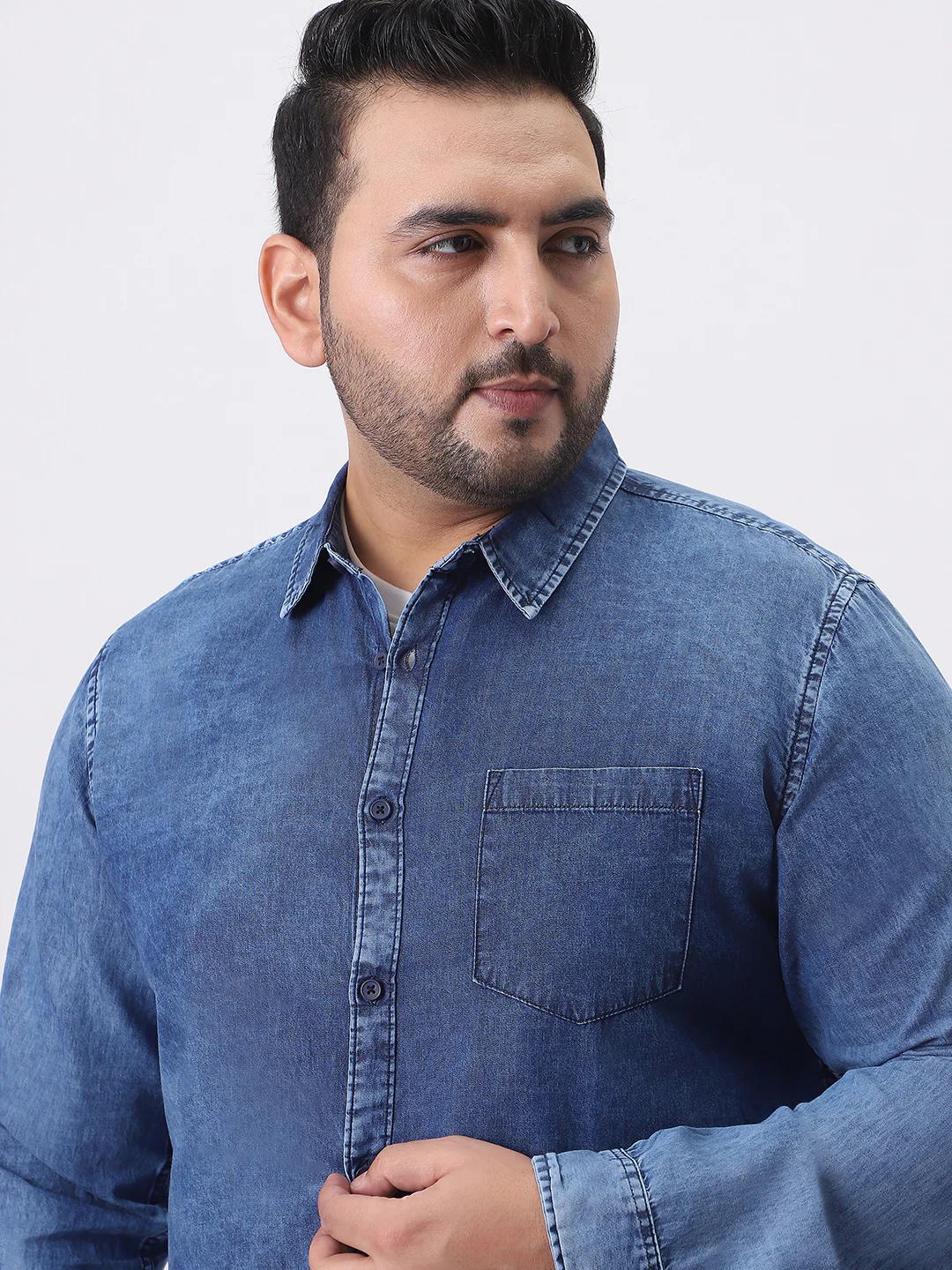 Plus Men's Blue Regular Fit Full Sleeve Washed Denim Shirt - Image 5