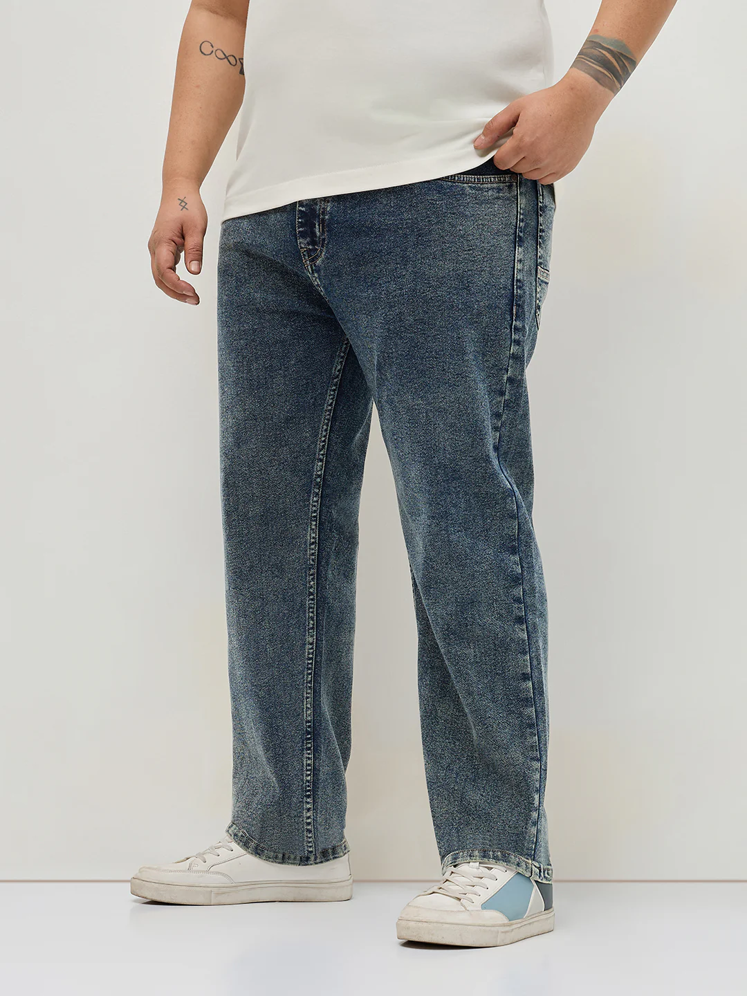 Plus Men's Blue Regular Fit Towel Washed Yellow Tint Denim Jeans Stretchable - Image 2