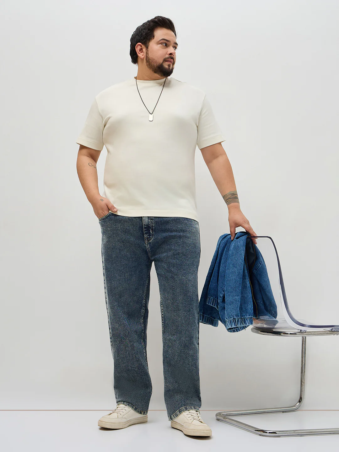 Plus Men's Blue Regular Fit Towel Washed Yellow Tint Denim Jeans Stretchable - Image 4