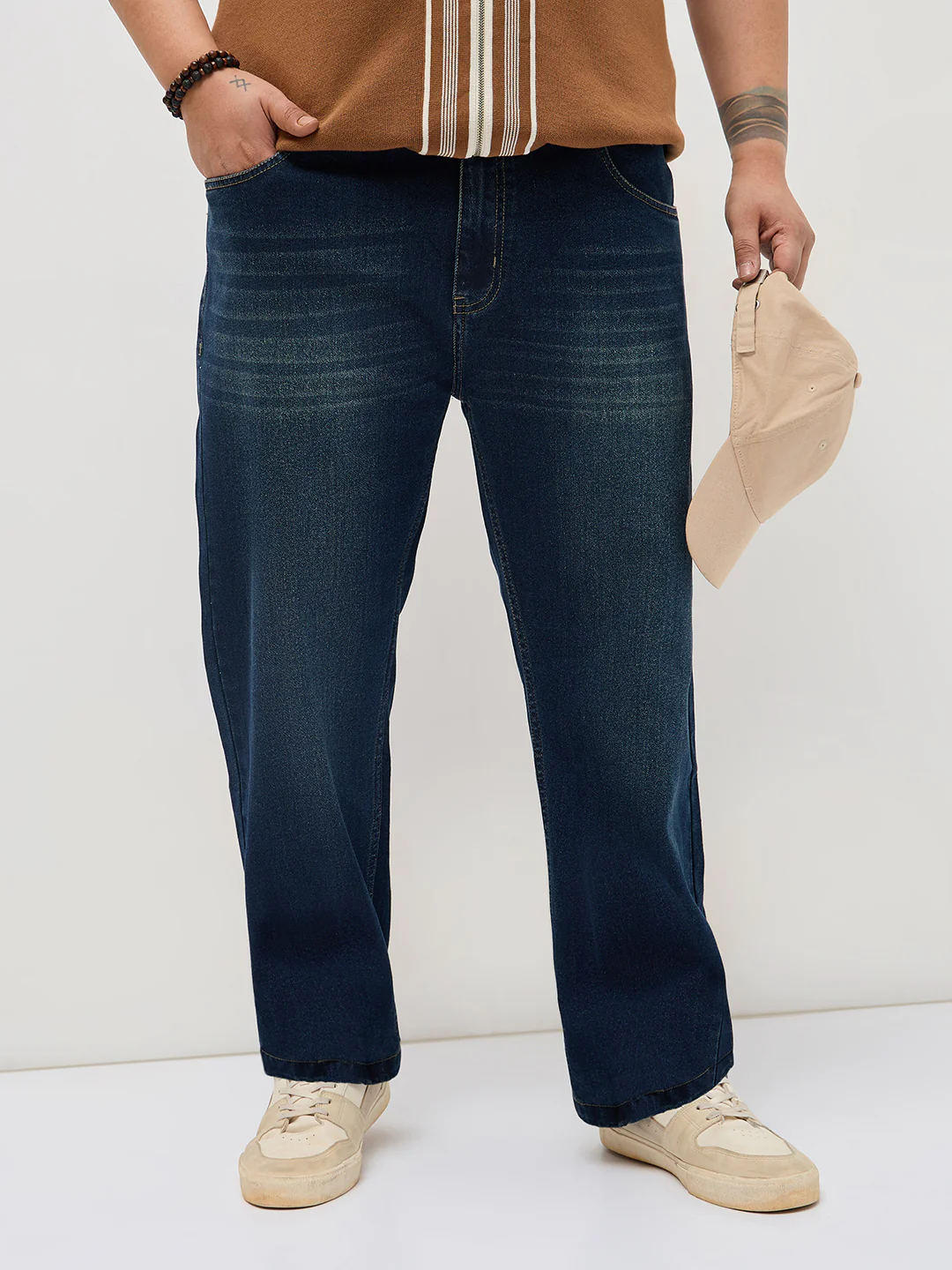 Plus Men's Blue Regular Fit Whisker Washed Yellow Tint Denim Jeans Stretchable
