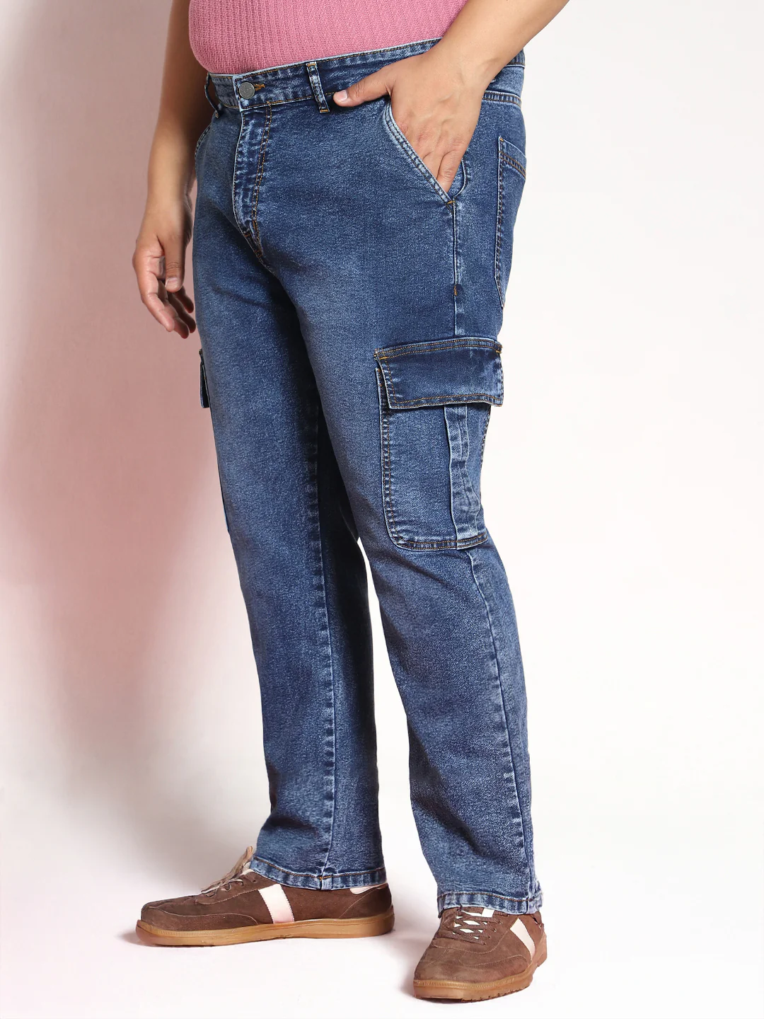 Plus Men's Blue Regular Fit Washed Cargo Jeans With 6 Pockets Stretchable - Image 2