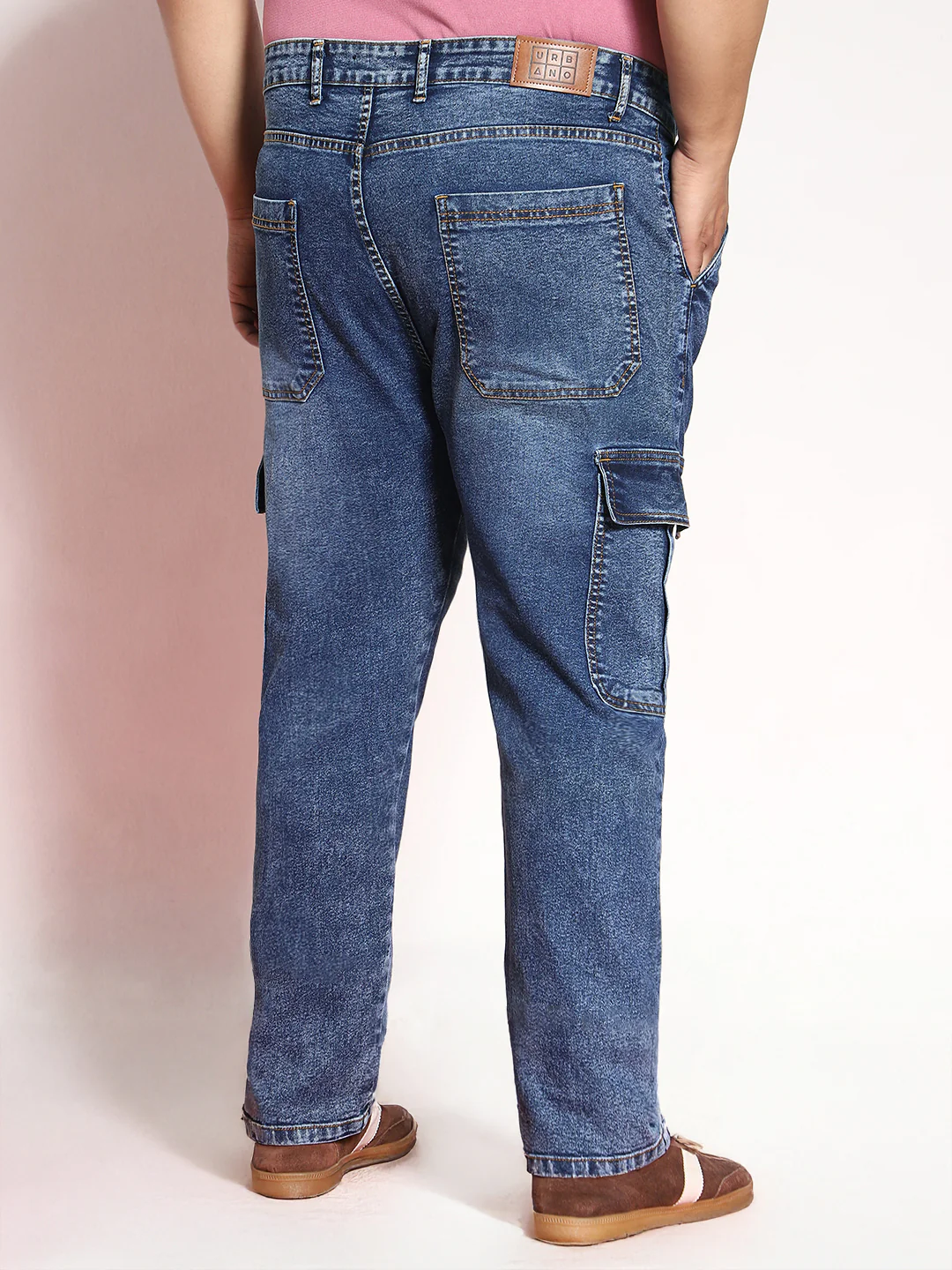 Plus Men's Blue Regular Fit Washed Cargo Jeans With 6 Pockets Stretchable - Image 3