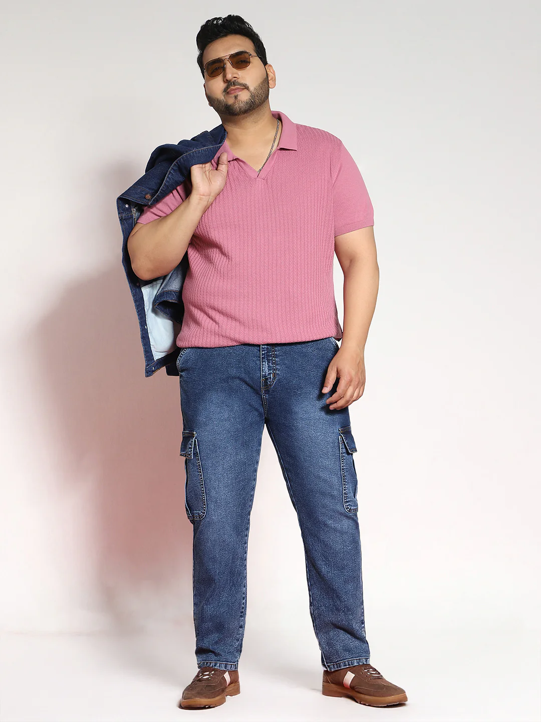 Plus Men's Blue Regular Fit Washed Cargo Jeans With 6 Pockets Stretchable - Image 4