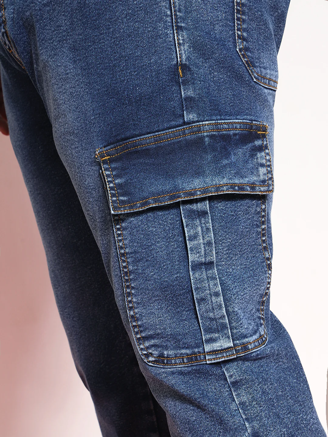 Plus Men's Blue Regular Fit Washed Cargo Jeans With 6 Pockets Stretchable - Image 5