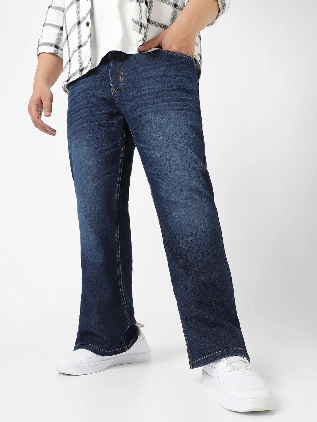 Plus Men's Blue Regular Fit Washed Denim Bootcut Jeans Stretchable - Image 2
