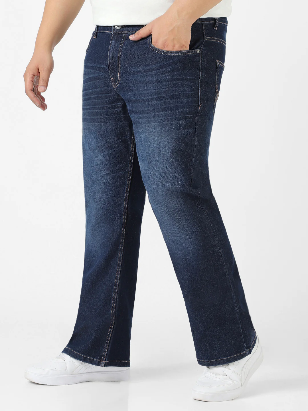 Plus Men's Blue Regular Fit Washed Denim Bootcut Jeans Stretchable - Image 3