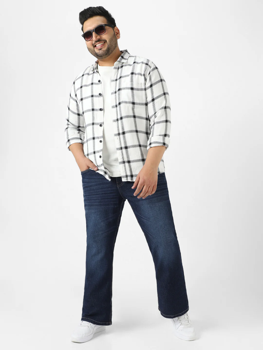 Plus Men's Blue Regular Fit Washed Denim Bootcut Jeans Stretchable - Image 5