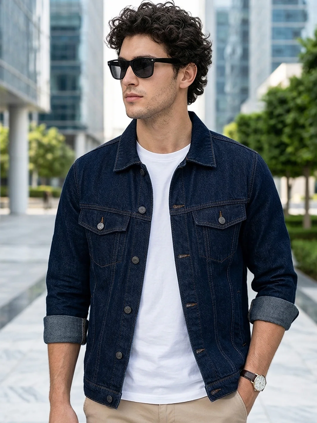 Plus Men's Blue Regular Fit Washed Full Sleeve Denim Jacket