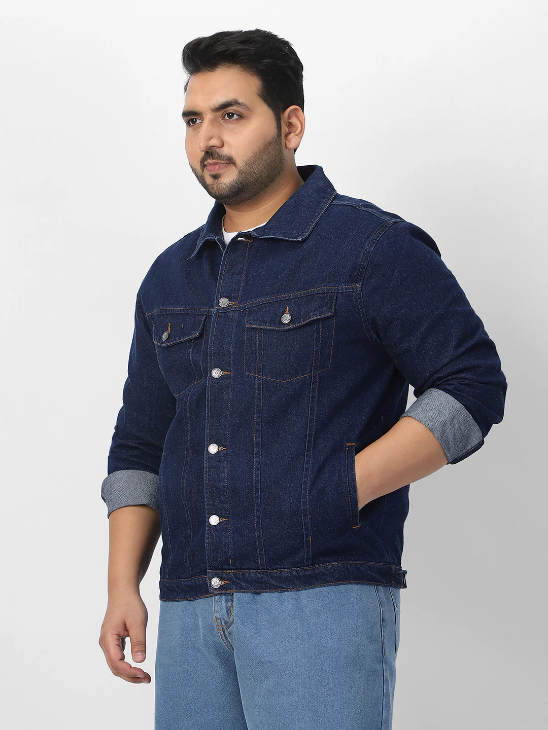 Plus Men's Blue Regular Fit Washed Full Sleeve Denim Jacket - Image 3