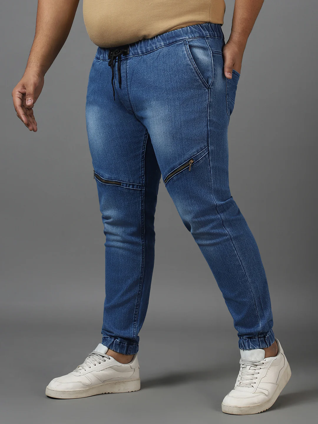 Plus Men's Blue Regular Fit Zippered Jogger Jeans Stretch - Image 2