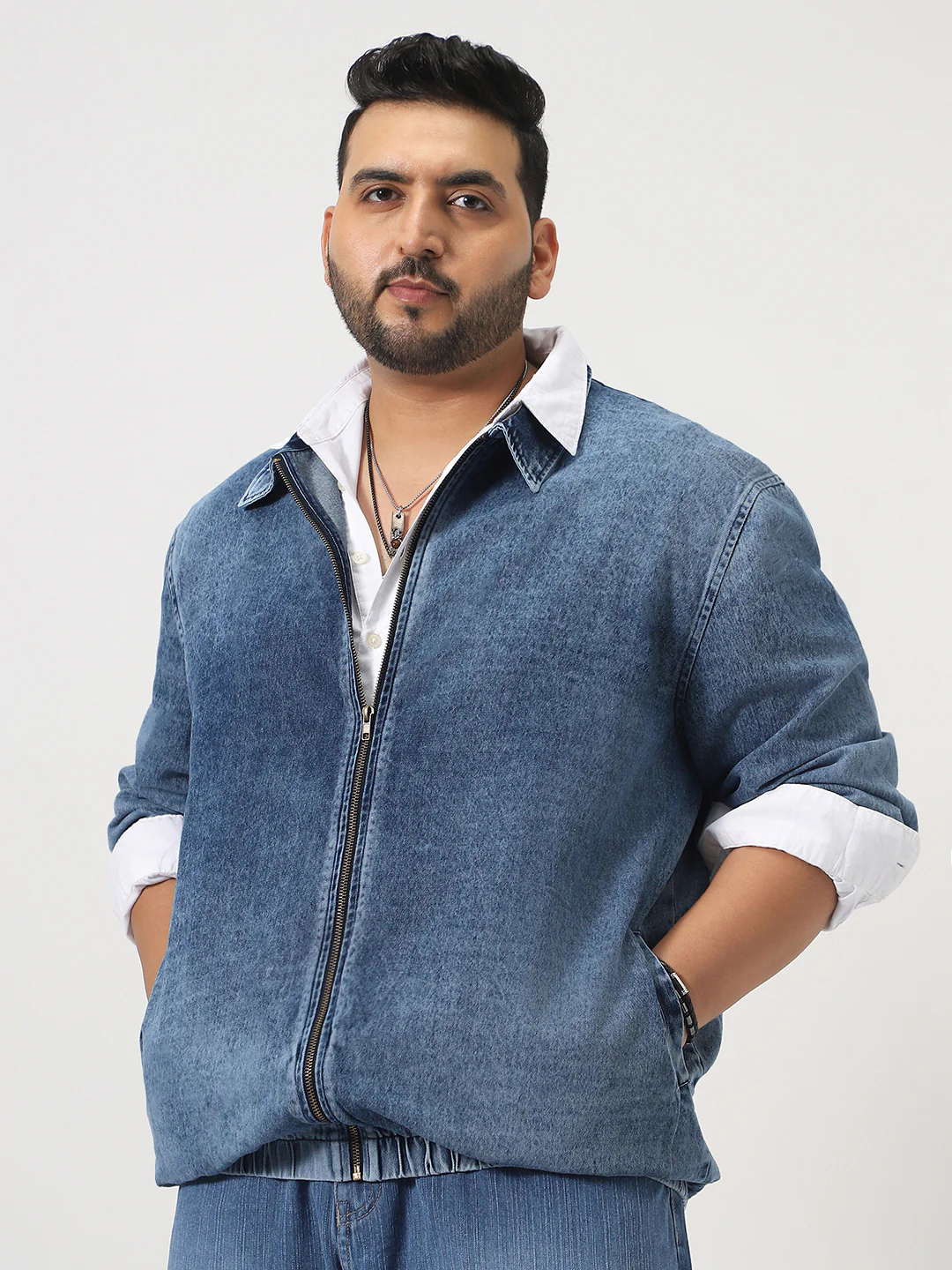 Plus Men's Blue Relaxed Fit Full Sleeve Harrington Denim Jacket - Image 2