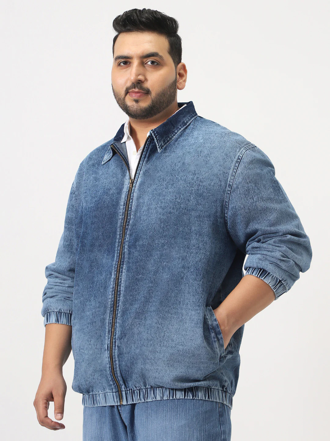 Plus Men's Blue Relaxed Fit Full Sleeve Harrington Denim Jacket - Image 3