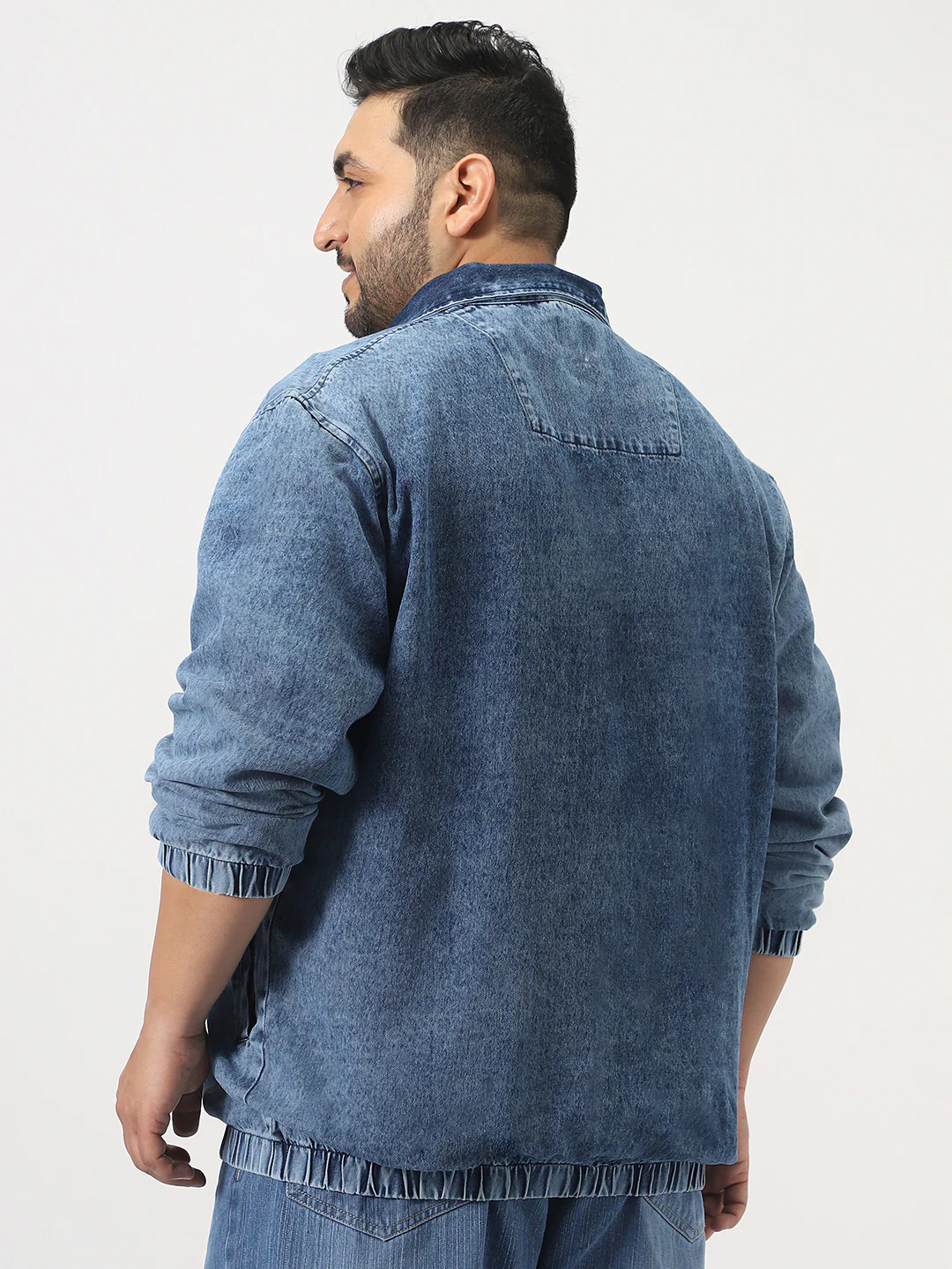 Plus Men's Blue Relaxed Fit Full Sleeve Harrington Denim Jacket - Image 4