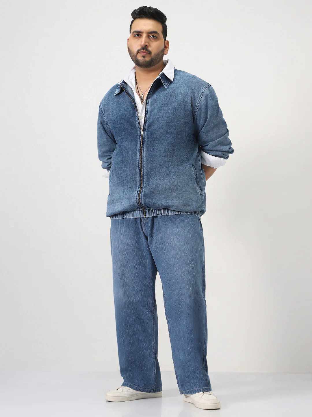 Plus Men's Blue Relaxed Fit Full Sleeve Harrington Denim Jacket - Image 5