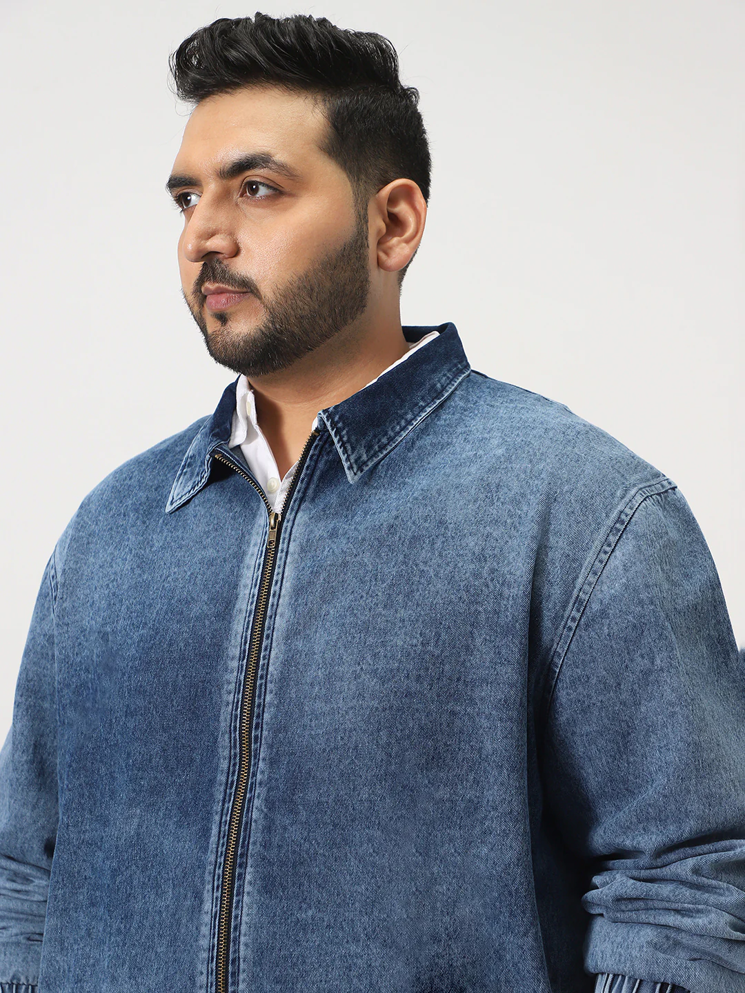 Plus Men's Blue Relaxed Fit Full Sleeve Harrington Denim Jacket - Image 6