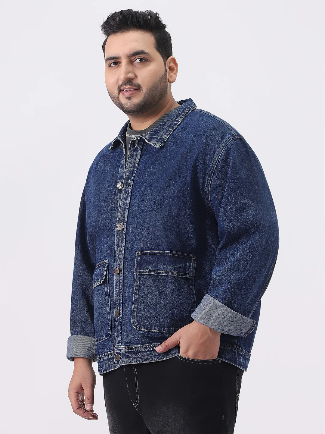 Plus Men's Blue Relaxed Fit Full Sleeve Utility Denim Jacket - Image 2