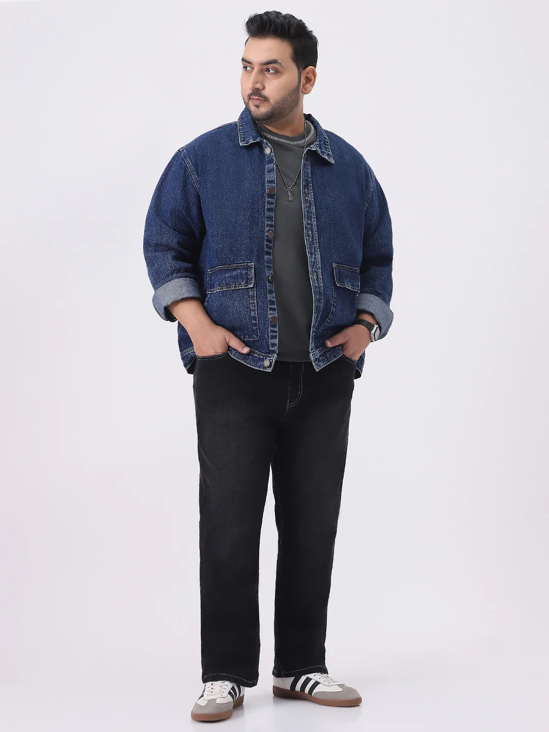 Plus Men's Blue Relaxed Fit Full Sleeve Utility Denim Jacket - Image 4